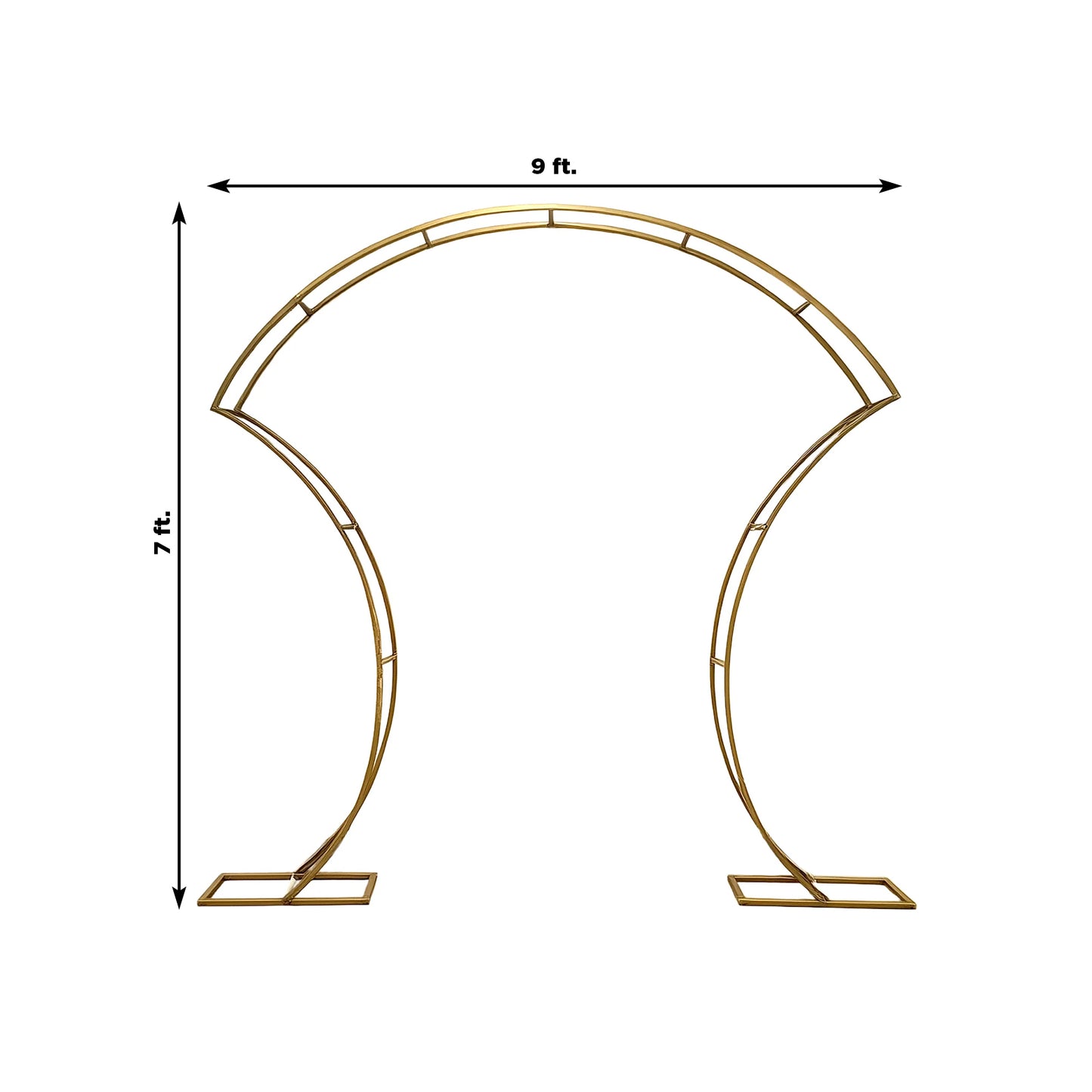 7ft gold double-curved metal arch display stand for backdrops and arrangements.