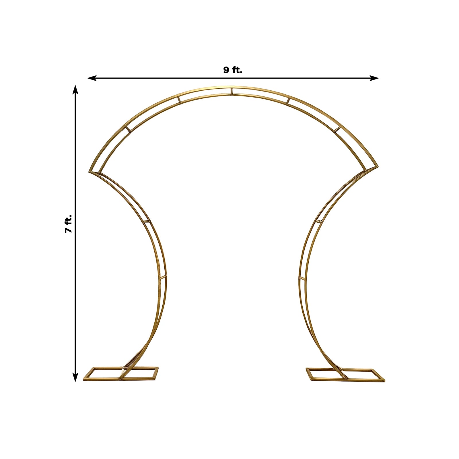 7ft gold double-curved metal arch display stand for backdrops and arrangements.