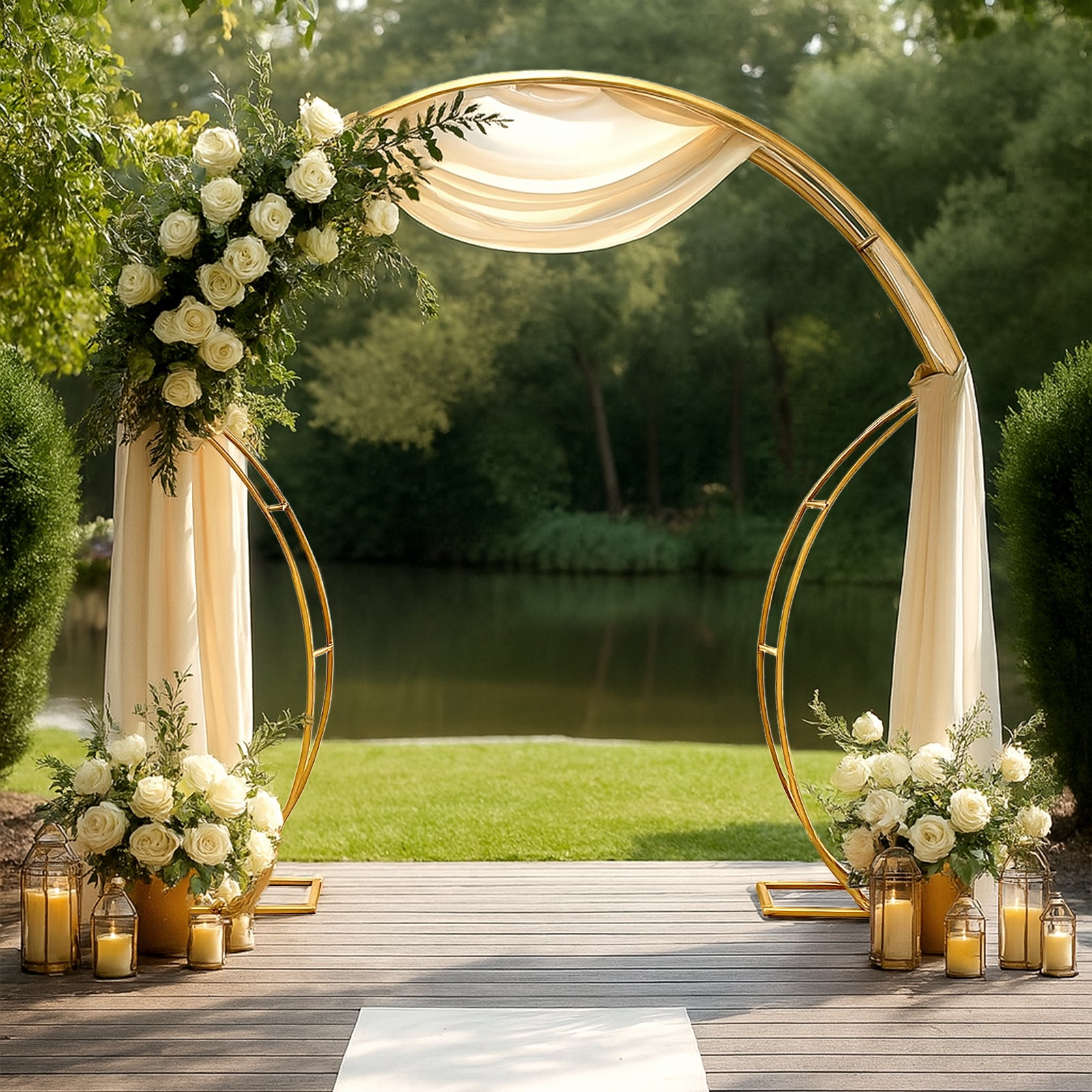 Gold metal arch frame with floral arrangement and draped fabric backdrop.