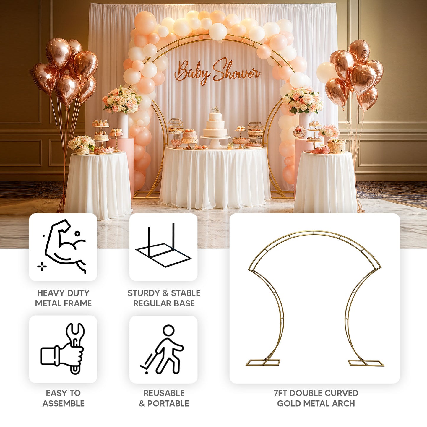 7ft double-curved gold metal arch for balloon and flower display.