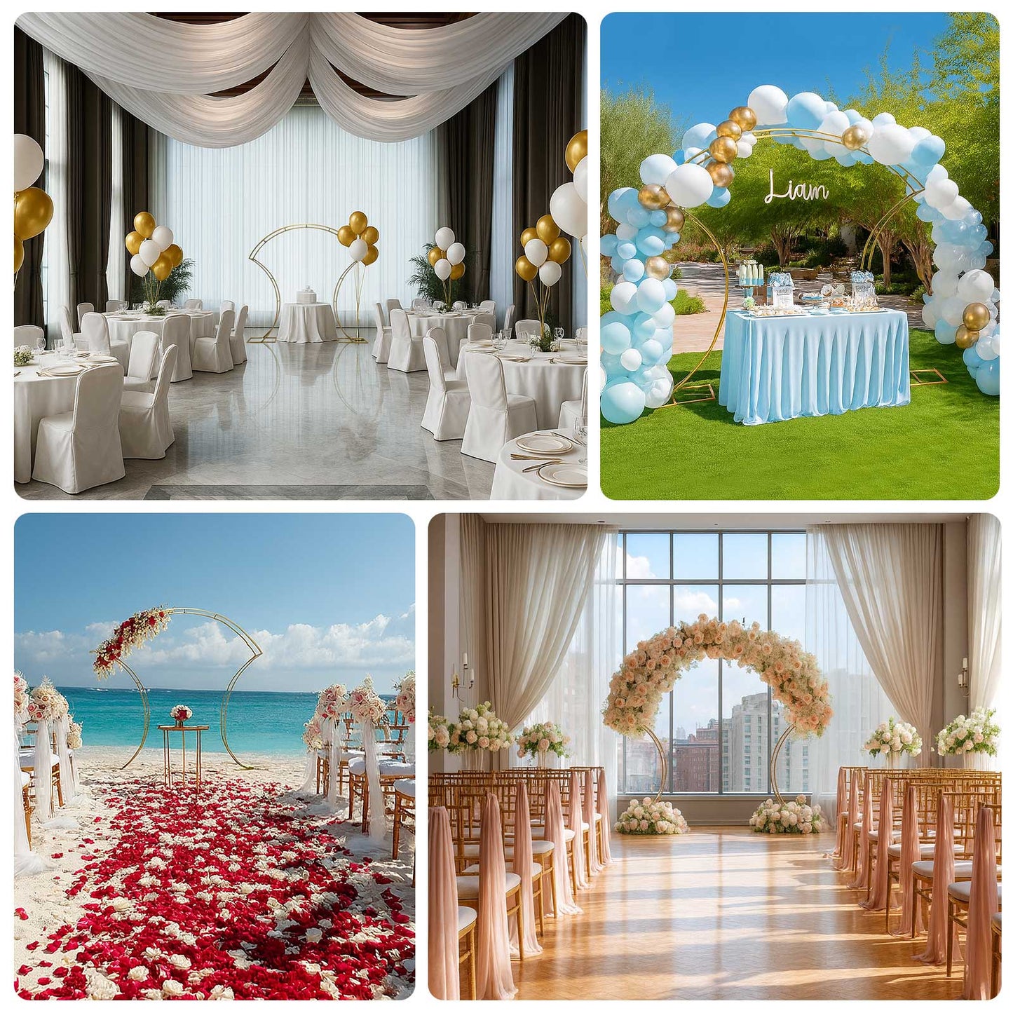 Gold double-curved metal arch frame for balloon and flower arrangements.