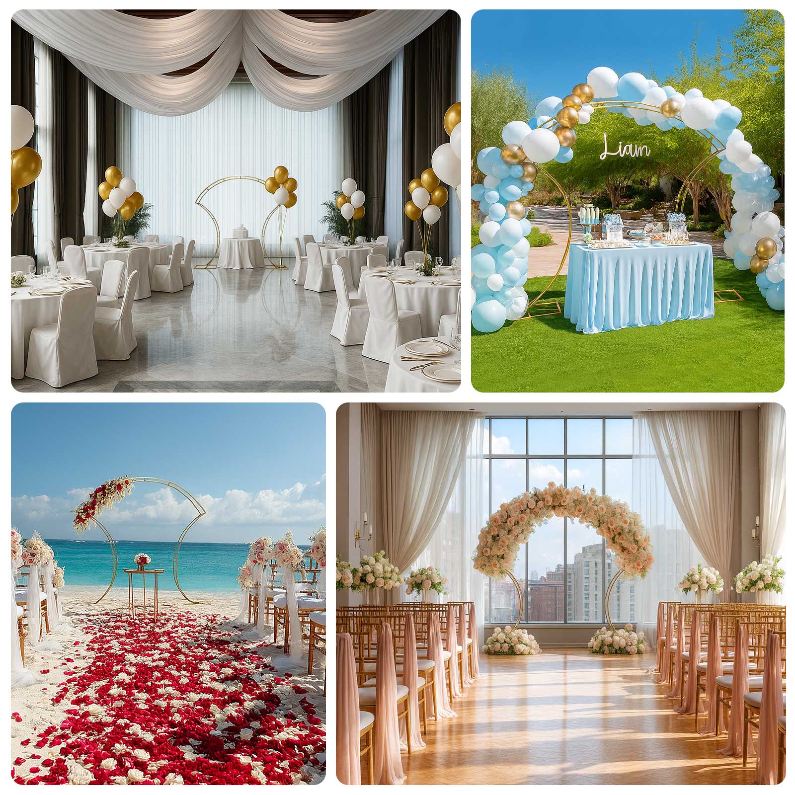 Gold double-curved metal arch frame for balloon and flower arrangements.