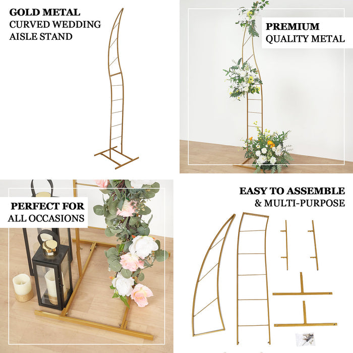 8ft Gold Metal Curved Wedding Aisle Stand, Flower Arch Frame Photo Backdrop Stand, Collapsible Balloon Stand With Solid Rectangular Base