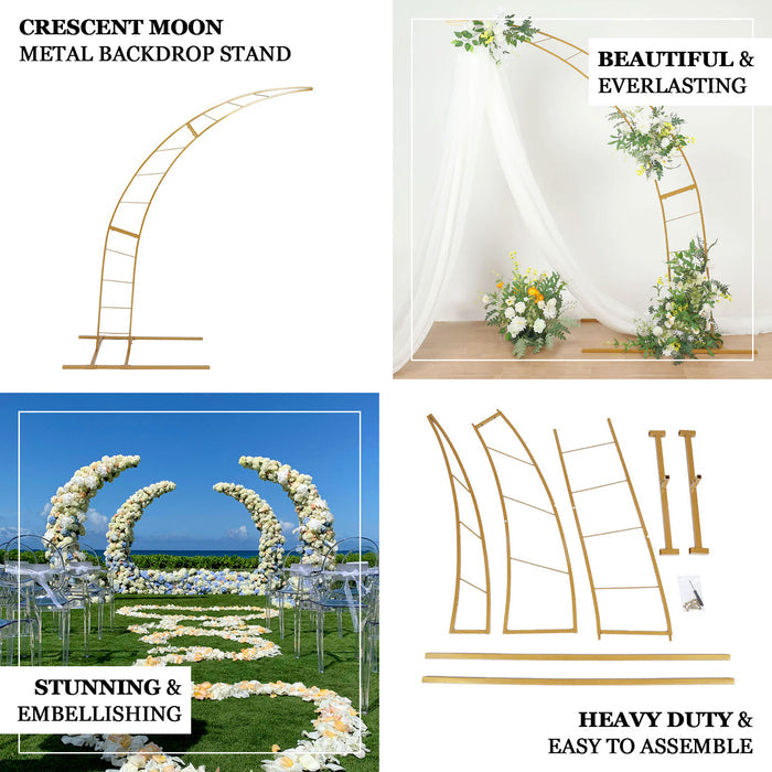 8ft Gold Metal Half Crescent Moon Wedding Arch, Curved Design Flower Balloon Frame