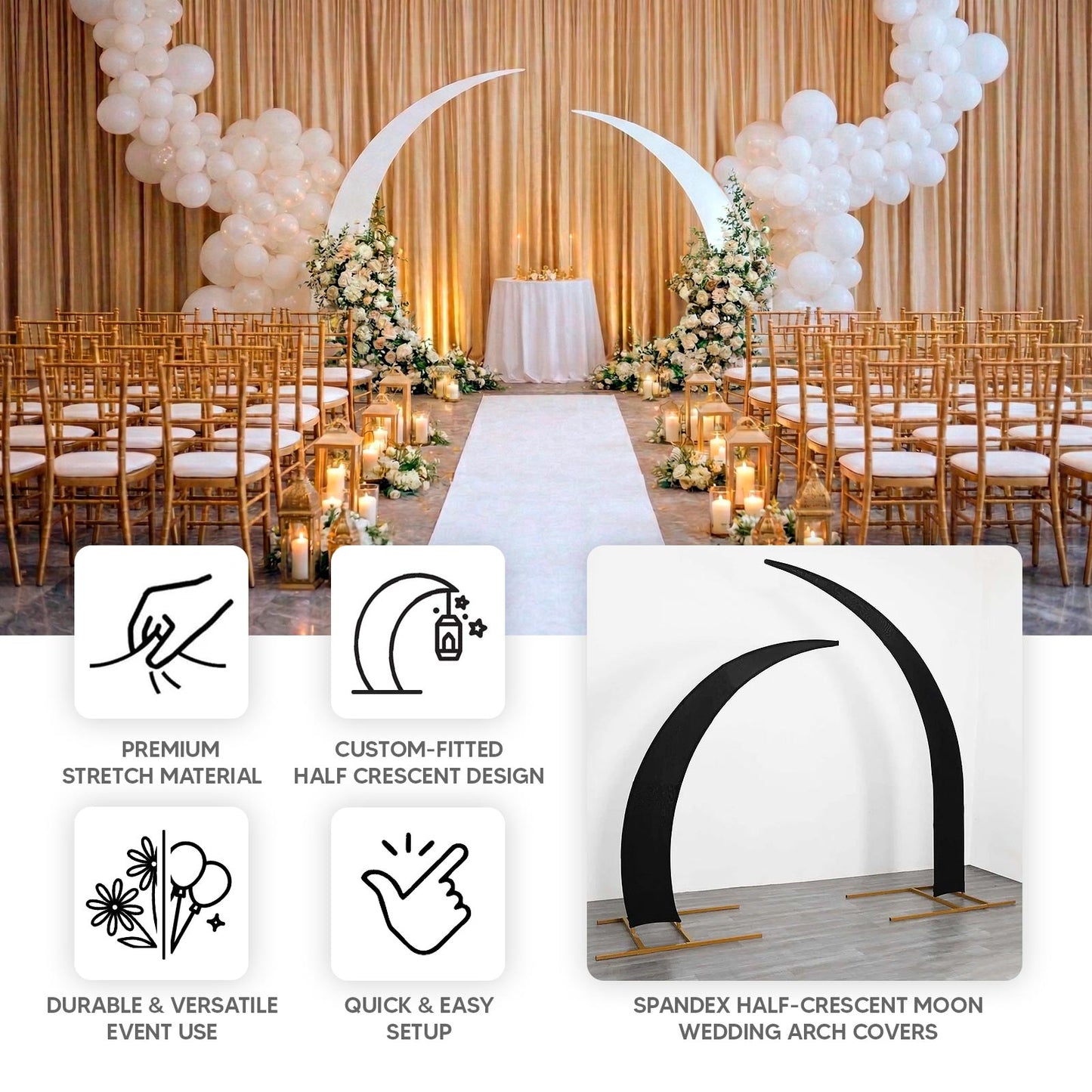 Gold spandex half crescent moon backdrop stand covers for wedding arch.