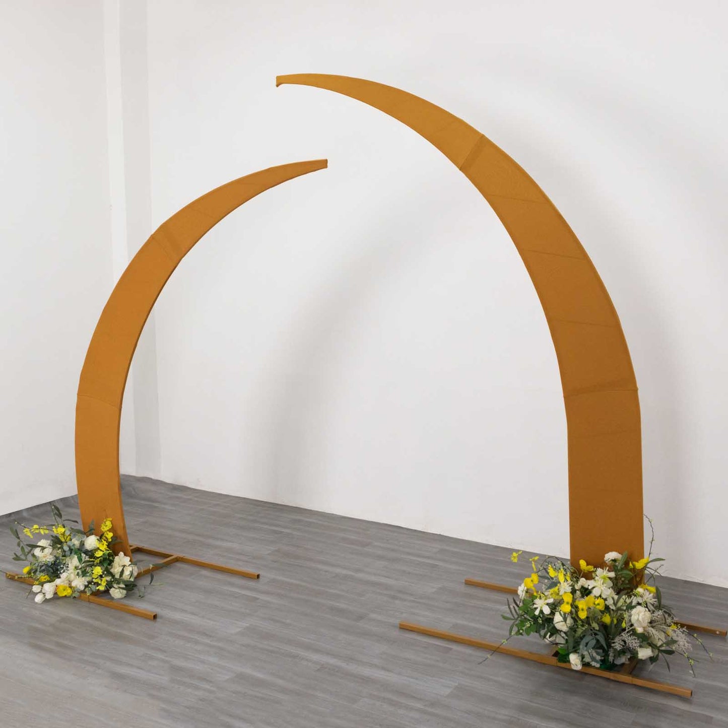 Set of 2 Gold Spandex Half Crescent Moon Backdrop Stand Covers, Custom Fitted Wedding Arch Cover for Curved Arbor Flower Balloon Frame