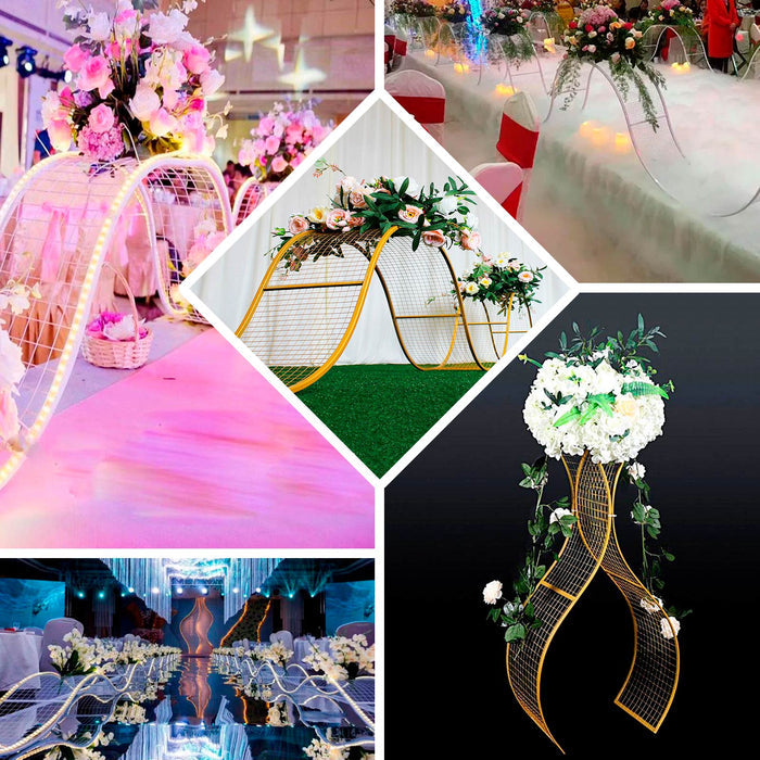 7ft Gold Metal Lattice Grid S-Shaped Wedding Arch Aisle Display Decor, Wavy Flower Frame Backdrop Stand