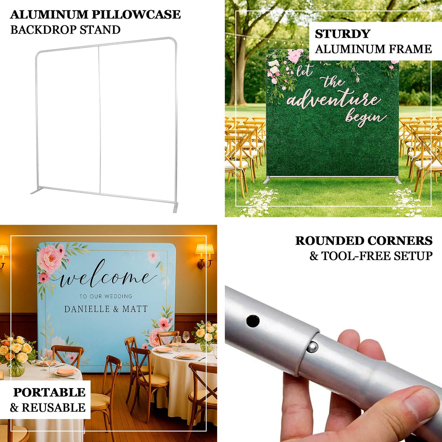 Pillowcase Backdrop Stand in Aluminum 8ft x 8ft – Portable Rounded Corner Tension Fabric Pillowcase Display Stand for Exhibits & Photography