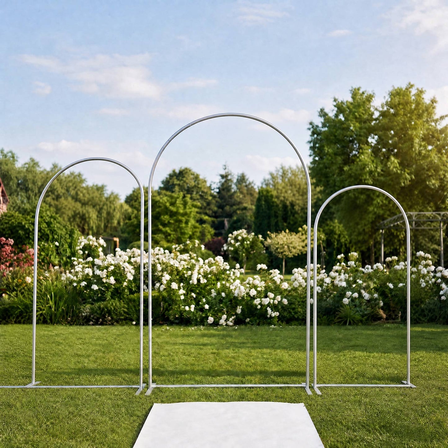 Set of 3 Aluminum Chiara Arch Backdrop Stands Silver – Round Top & Half Moon Frame for Wedding & Eve
