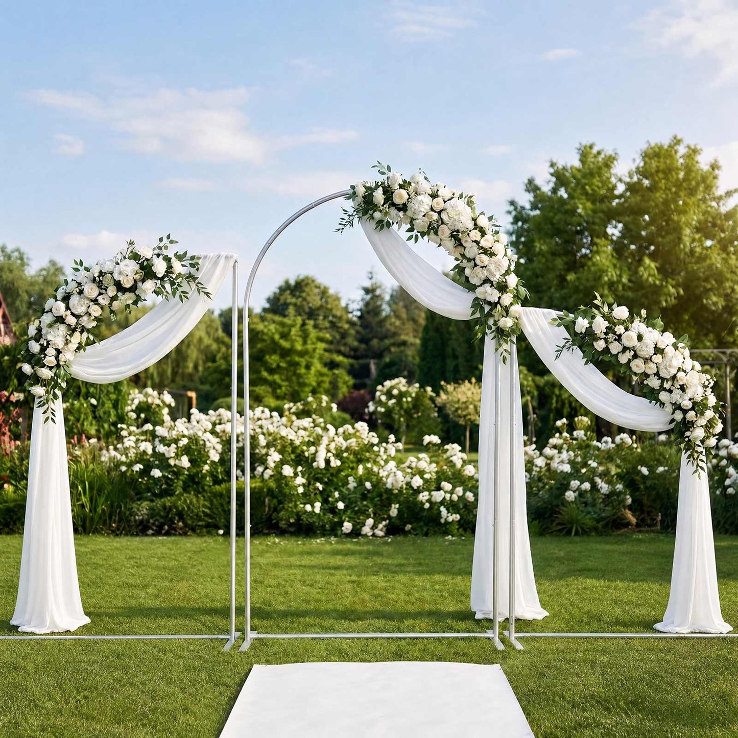 Set of 3 Aluminum Chiara Arch Backdrop Stands Silver – Round Top & Half Moon Frame for Wedding & Eve