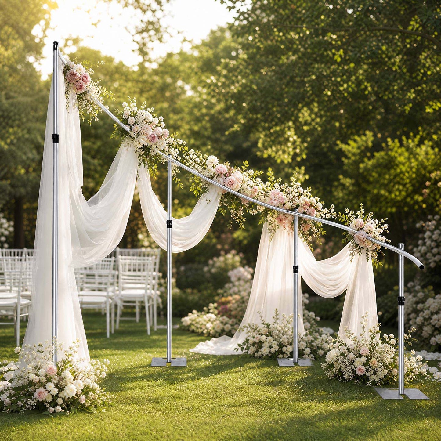 11ft x 8ft Curved Wave Wedding Arch Stand, Heavy Duty Silver Aluminum Alloy Backdrop Frame with 4 Ad