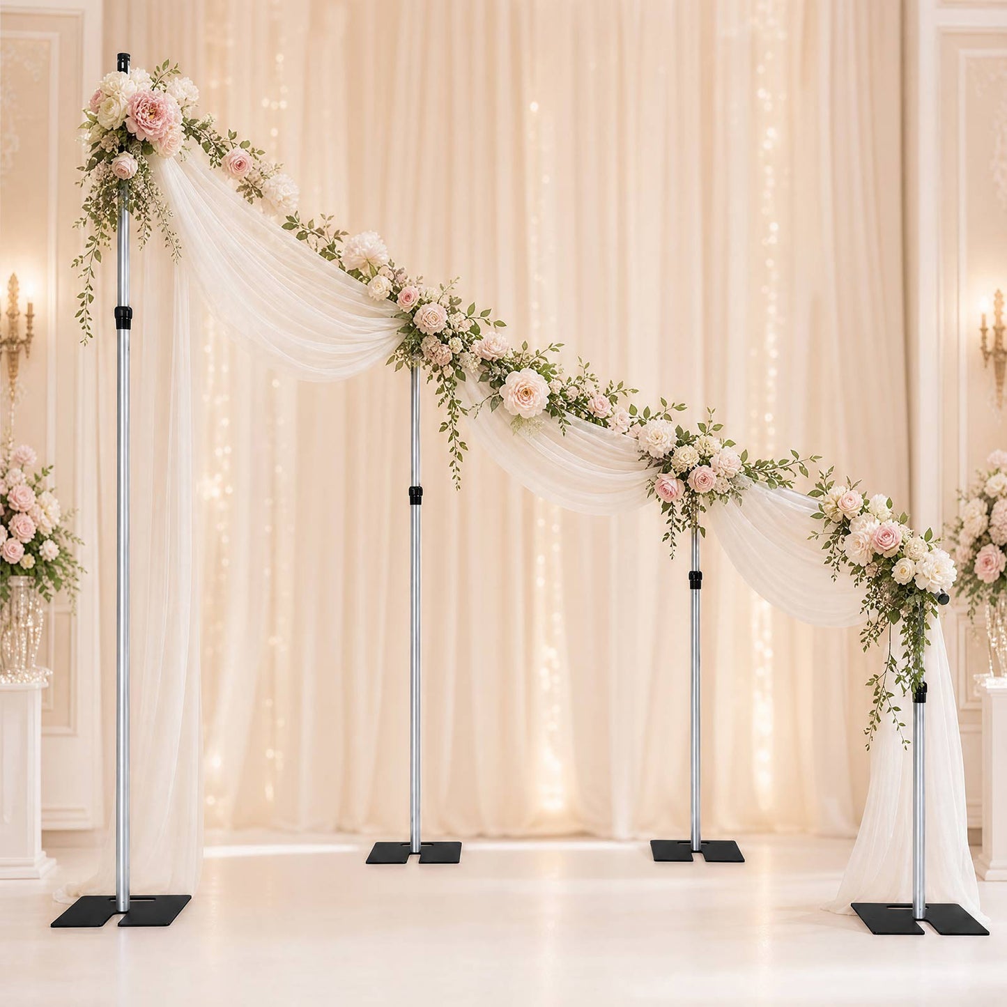 11ft x 8ft Curved Wave Wedding Arch Stand, Heavy Duty Silver Aluminum Alloy Backdrop Frame with 4 Ad