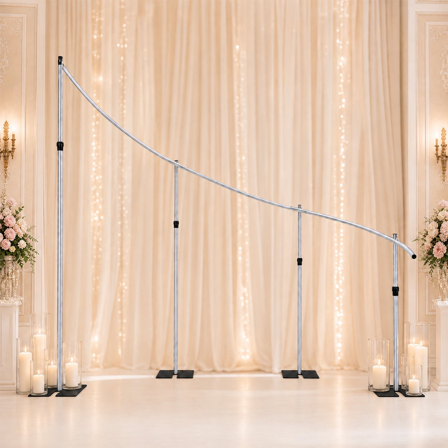 11ft x 8ft Curved Wave Wedding Arch Stand, Heavy Duty Silver Aluminum Alloy Backdrop Frame with 4 Ad