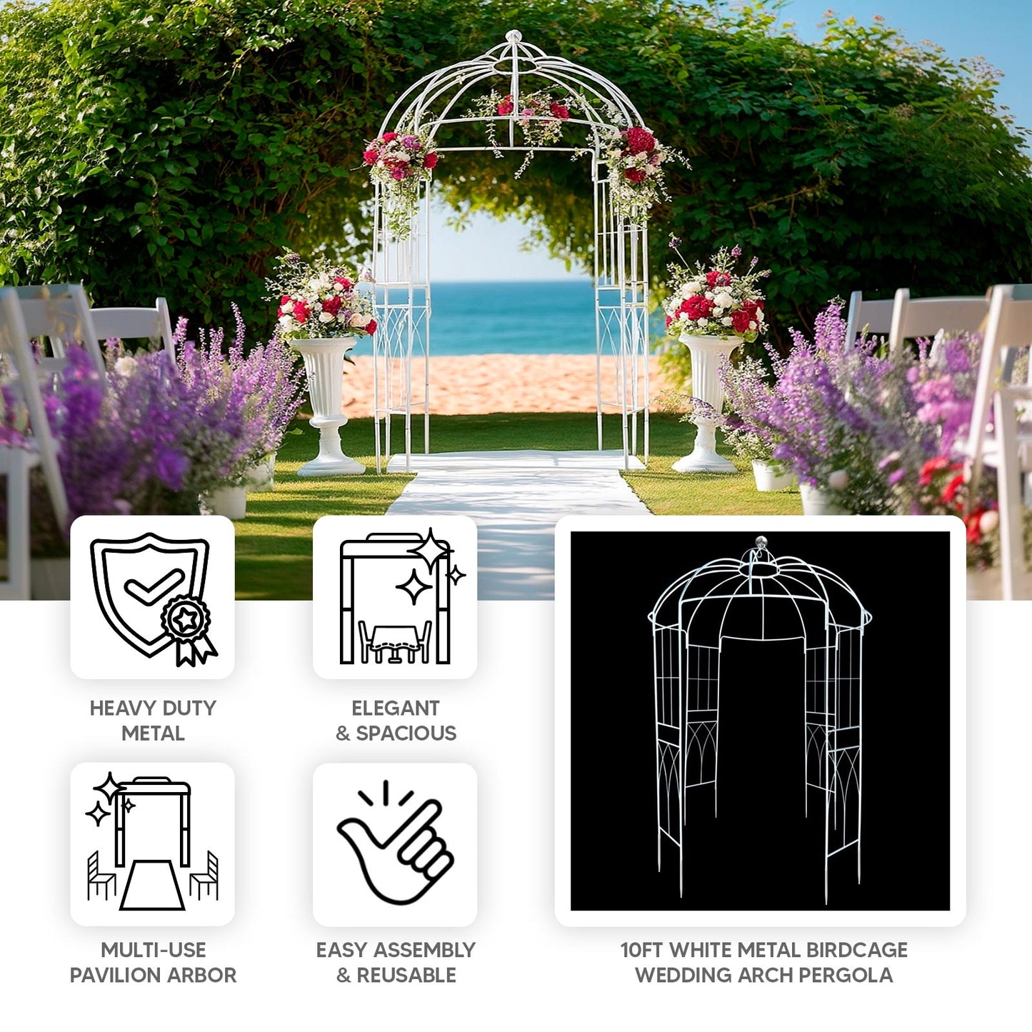10ft White Metal Birdcage Ceremony Arch – Garden Gazebo Pergola Arbor Trellis 