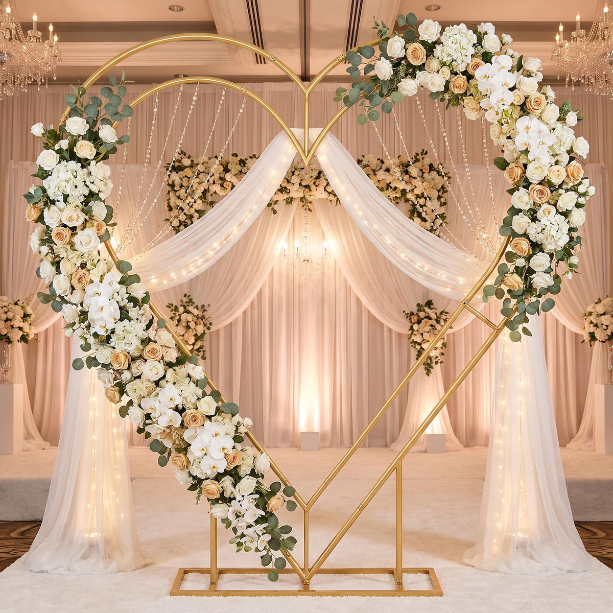 7ft Gold Double Heart Backdrop Stand – Metal Wedding Arch Frame for Balloons, Flowers & Event Décor