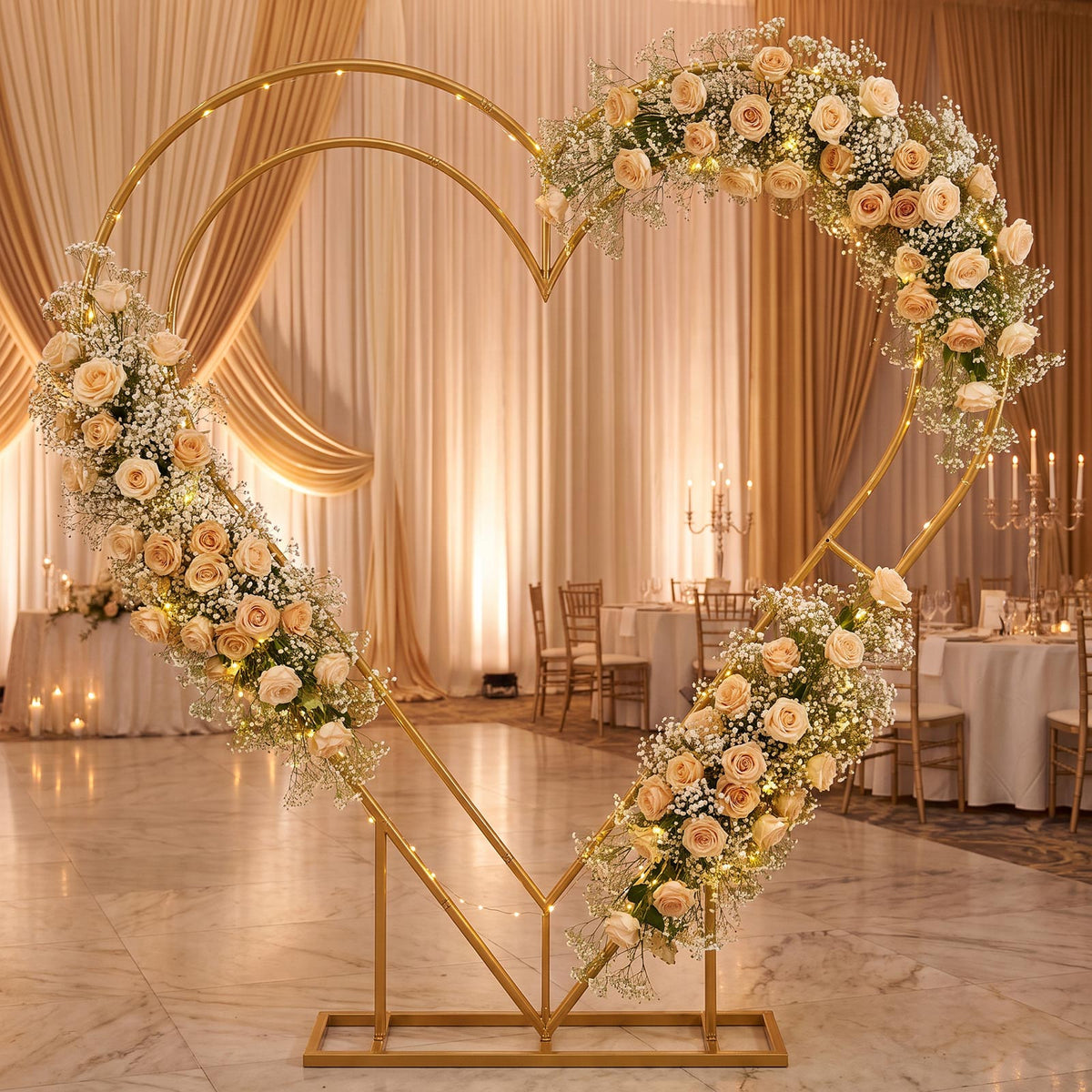7ft Gold Double Heart Backdrop Stand – Metal Wedding Arch Frame for Balloons, Flowers & Event Décor