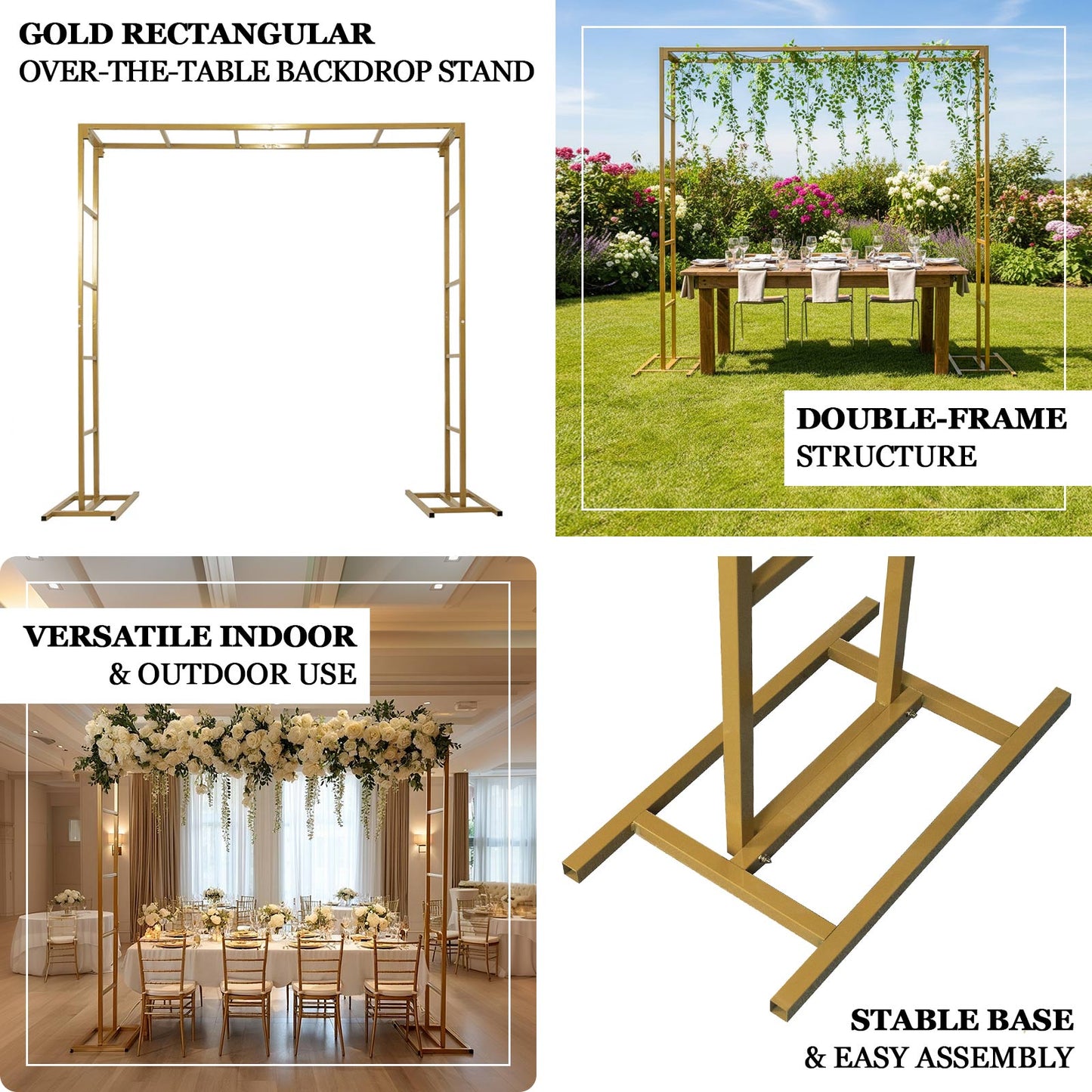 Gold square arbor backdrop stand for floral and balloon décor.