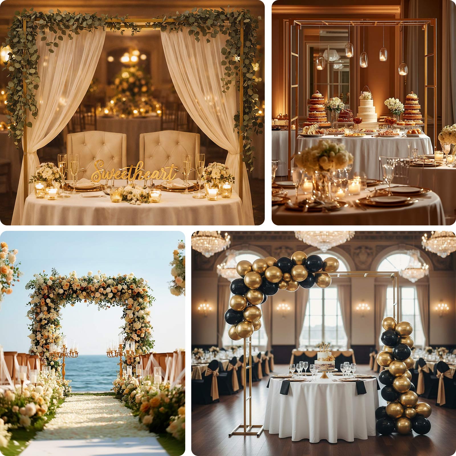 Gold square arbor for floral and balloon décor, 6ft high freestanding backdrop.