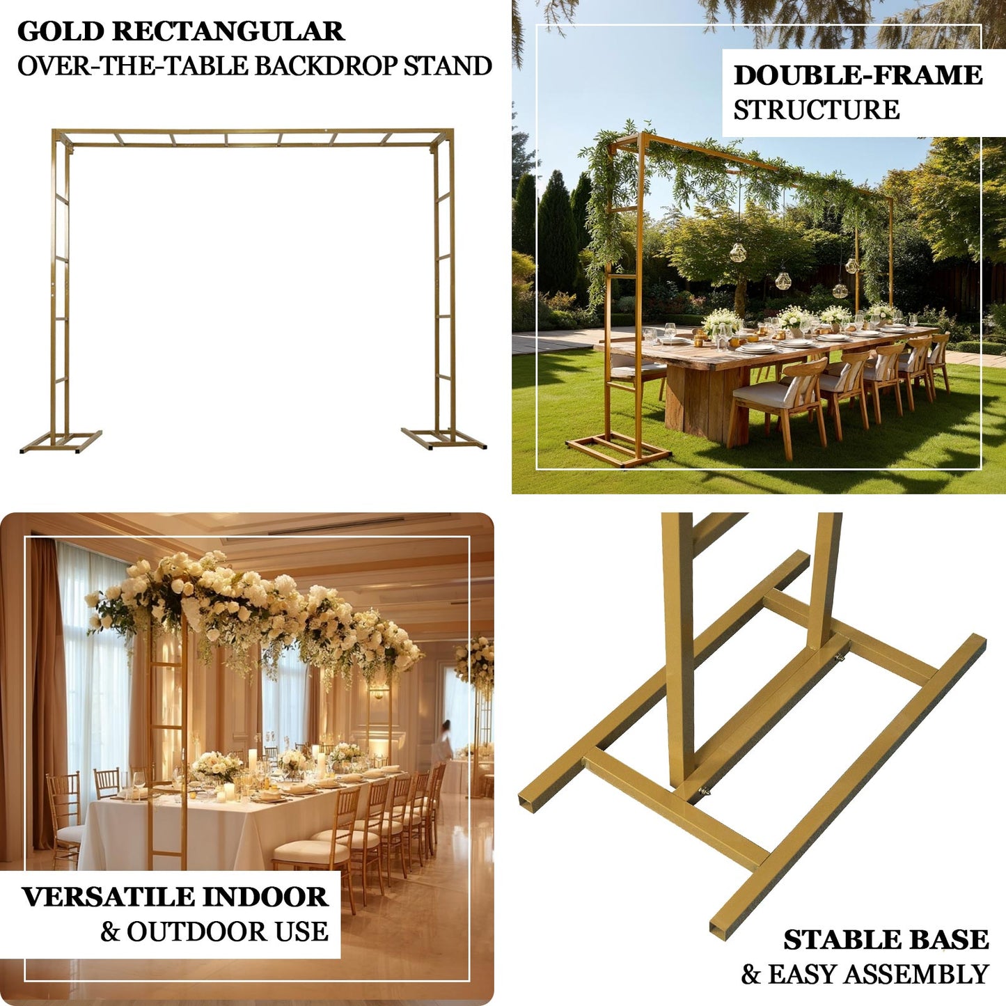 Gold rectangular arbor backdrop stand for floral balloon décor, 6ft x 8ft.