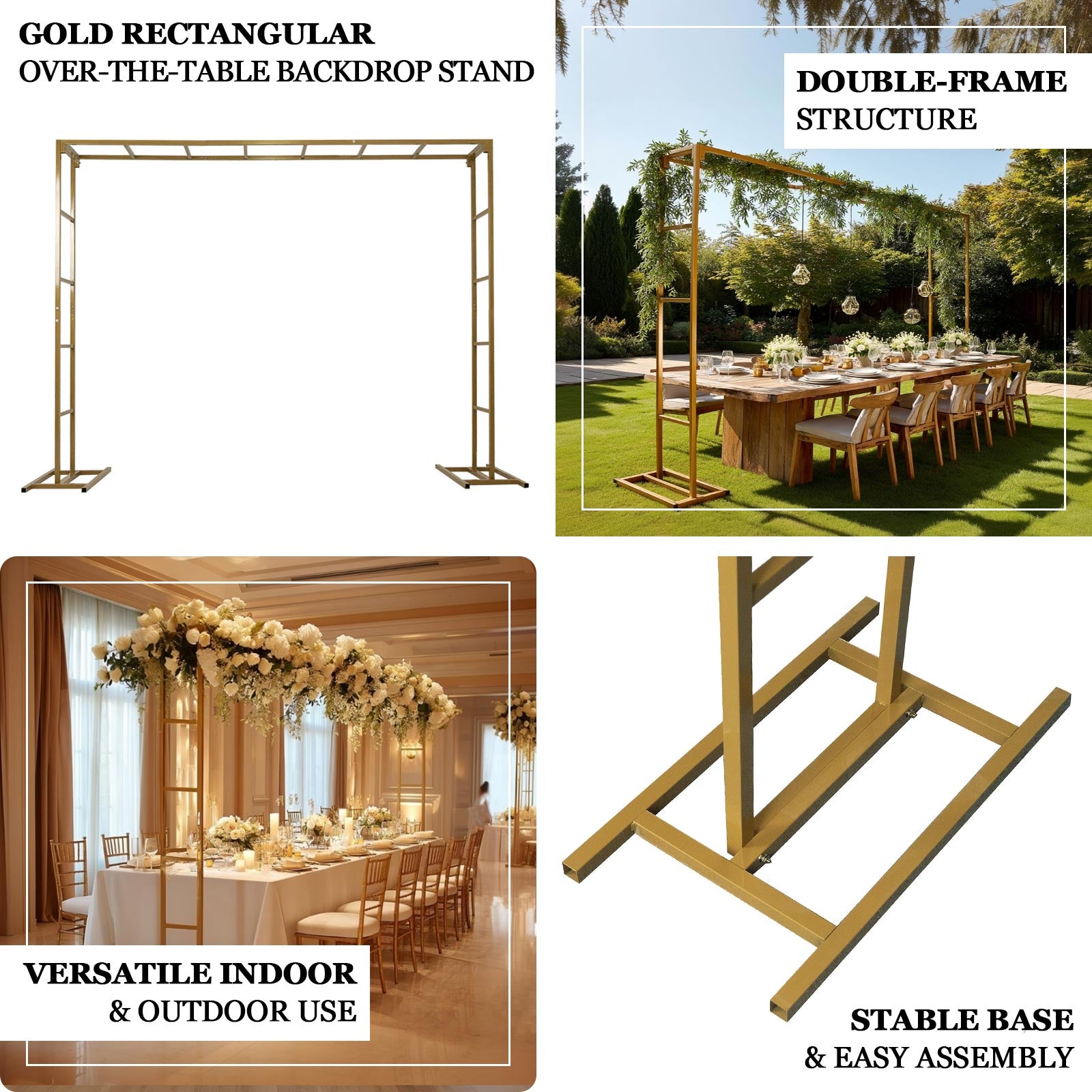 Gold rectangular arbor backdrop stand for floral balloon décor, 6ft x 8ft.