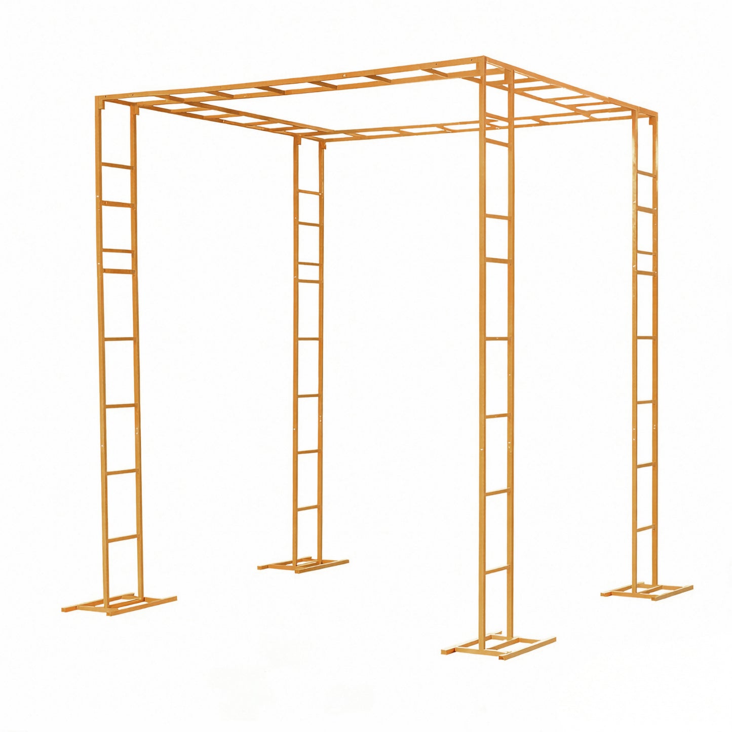 Gold metal event arch and canopy frame, height adjustable and portable.