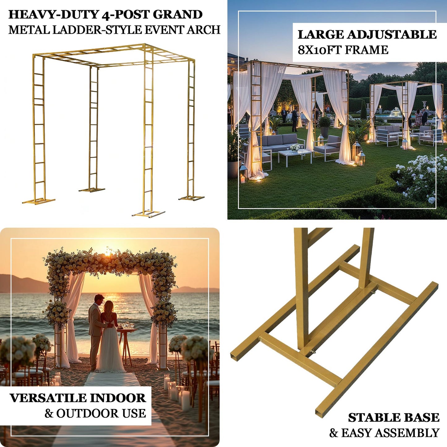 Gold metal event arch and canopy frame for outdoor use.
