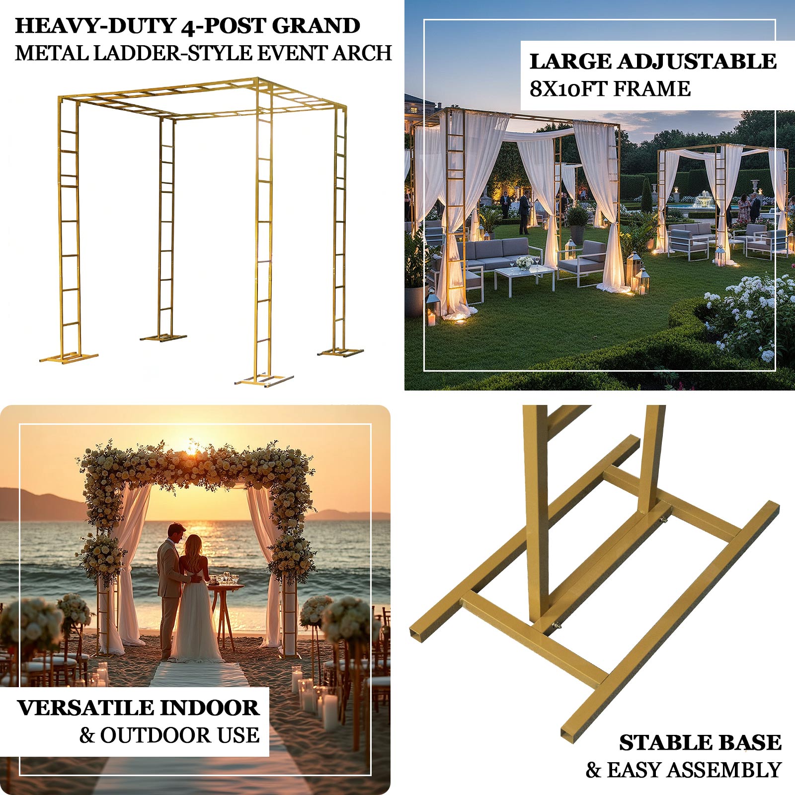 Gold metal event arch and canopy frame for outdoor use.