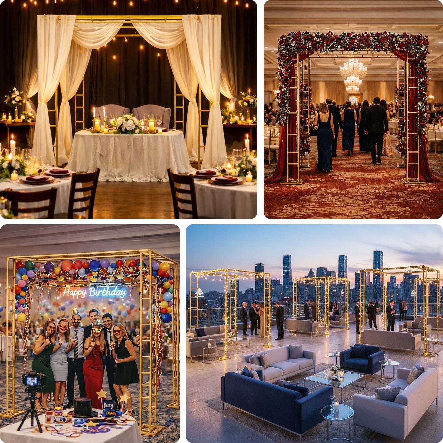 Gold metal event arch and canopy frame for celebrations and gatherings.