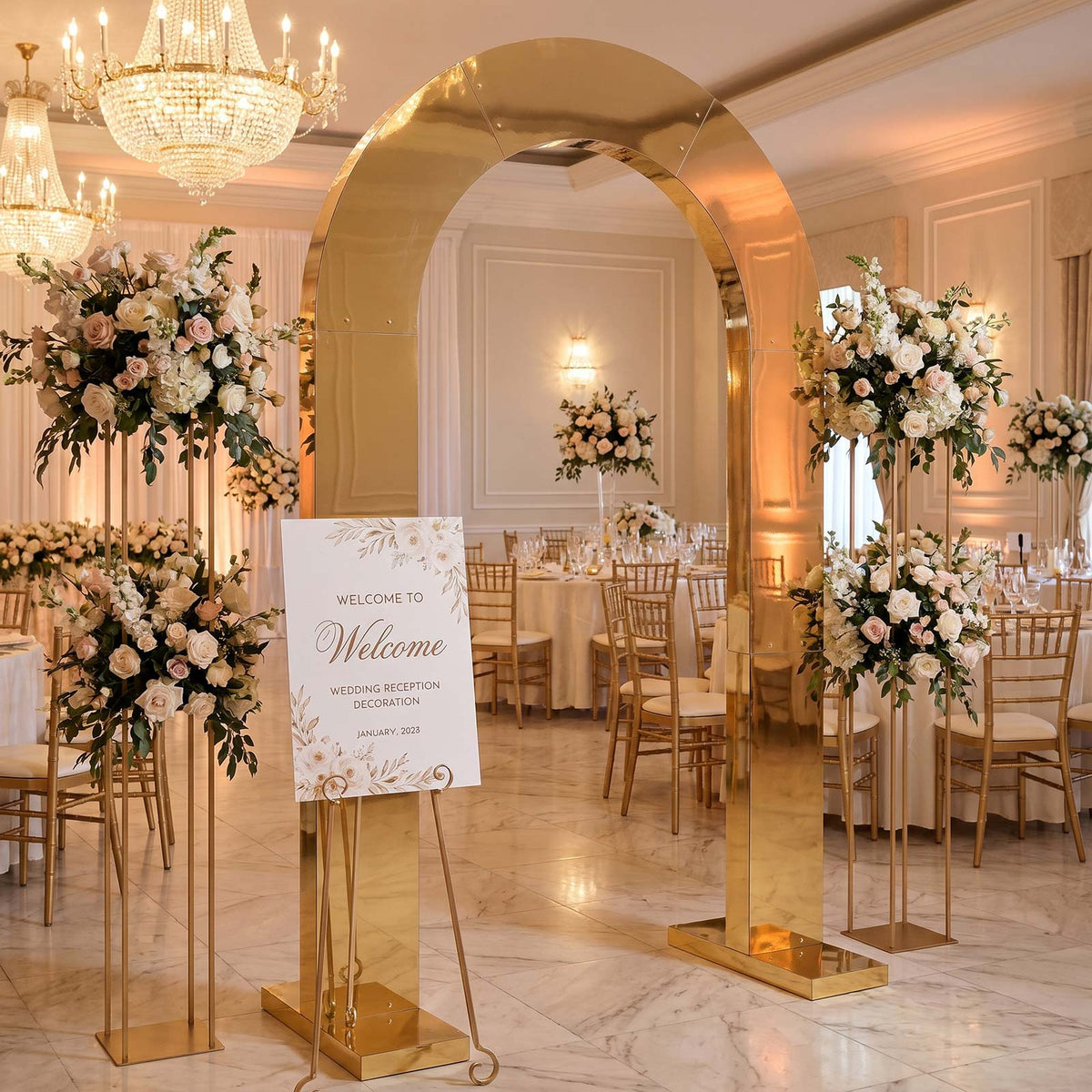 7.8ft Gold Mirror Finish Wedding Arch Backdrop Stand, Round Top Design with PVC Board Frame - Ceremo