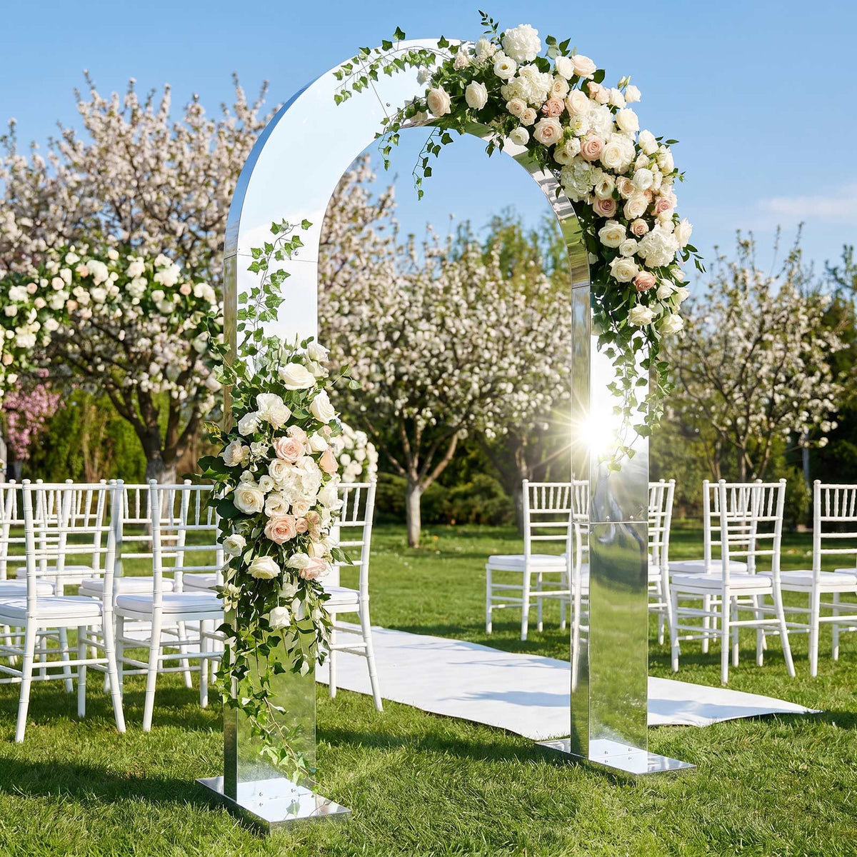 7.8ft Silver Mirror Finish Wedding Arch Backdrop Stand, Round Top Design with PVC Board Frame - Cere