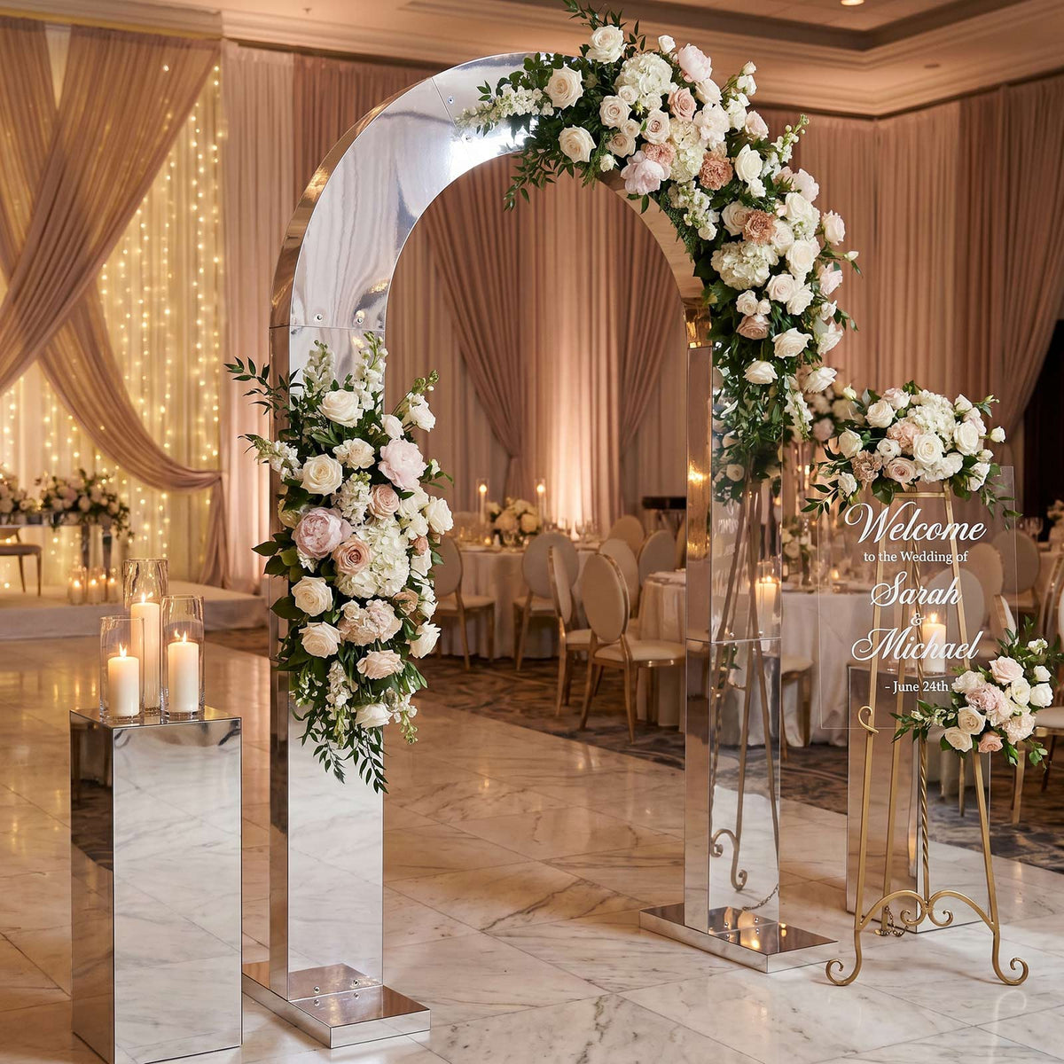 7.8ft Silver Mirror Finish Wedding Arch Backdrop Stand, Round Top Design with PVC Board Frame - Cere