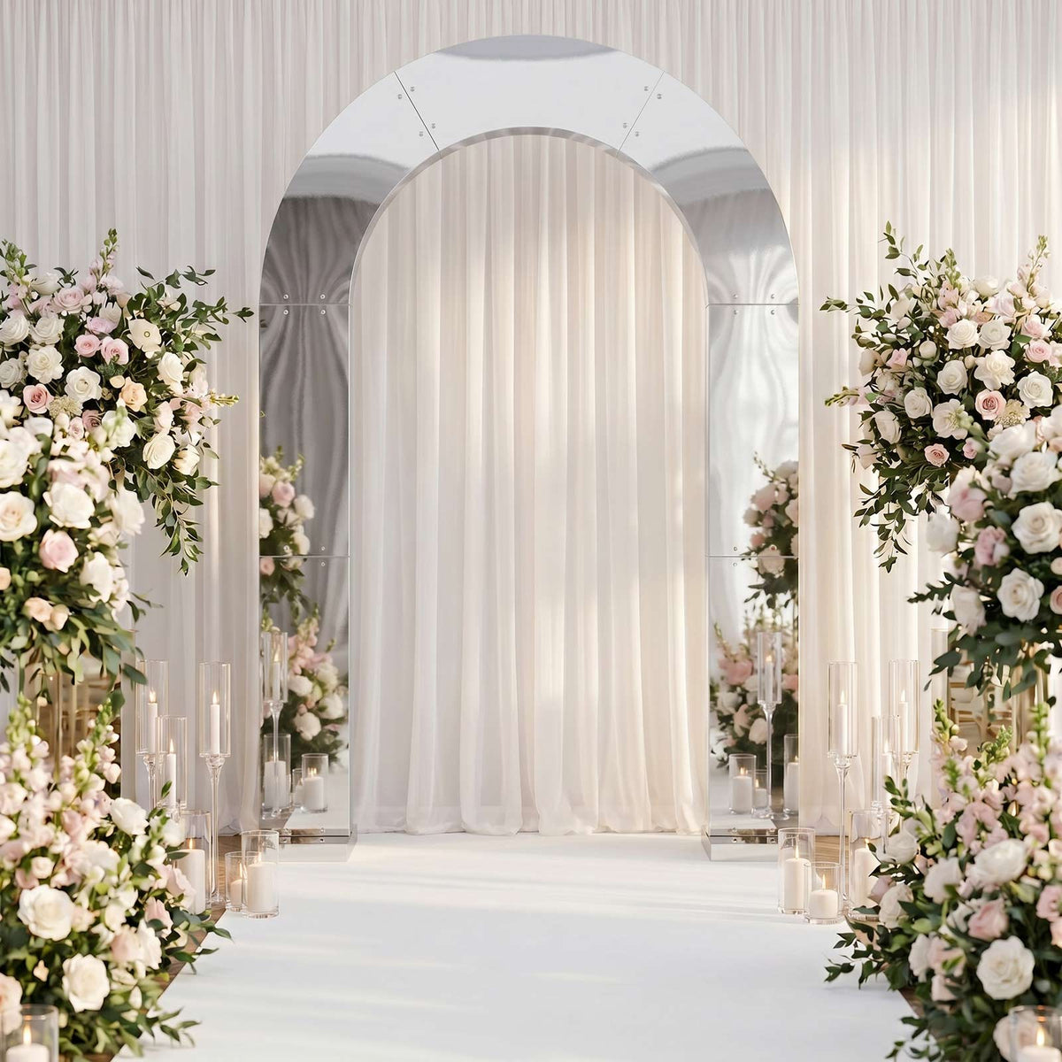 7.8ft Silver Mirror Finish Wedding Arch Backdrop Stand, Round Top Design with PVC Board Frame - Cere