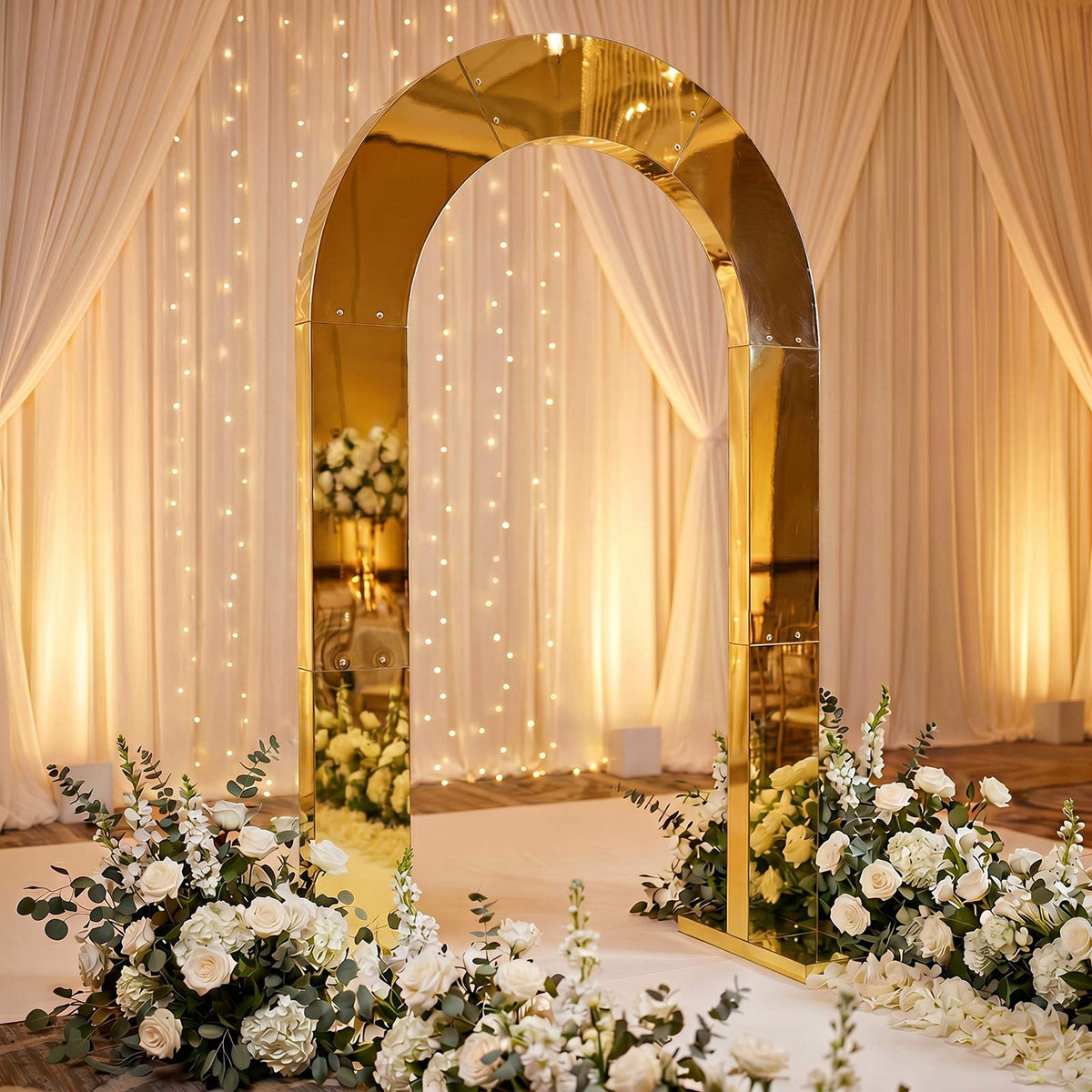 7.8ft Gold Mirror Finish Wedding Arch Backdrop Stand, Round Top Design with PVC Board Frame - Ceremo