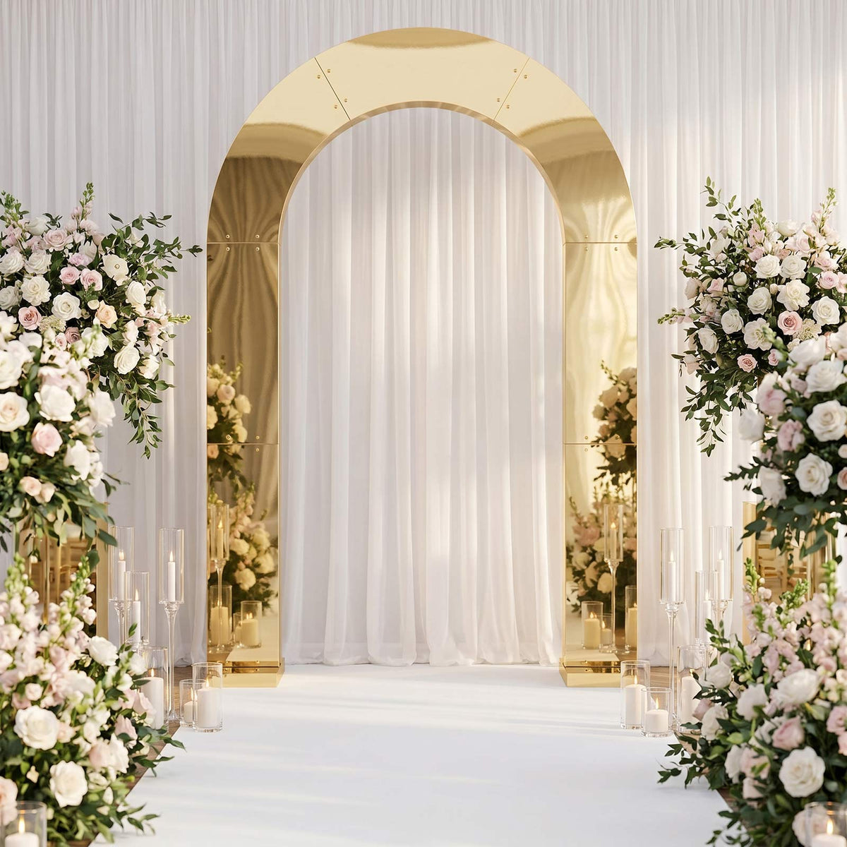 7.8ft Gold Mirror Finish Wedding Arch Backdrop Stand, Round Top Design with PVC Board Frame - Ceremo
