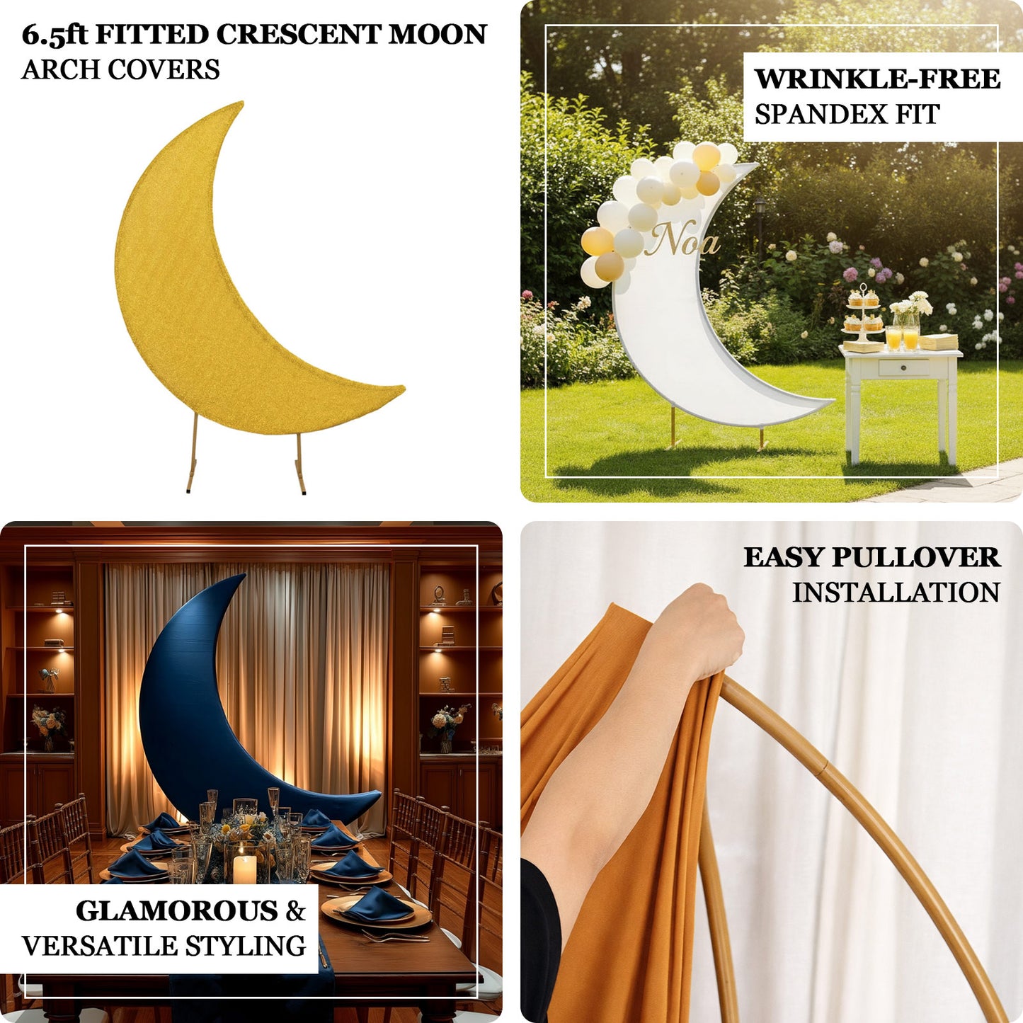Gold spandex crescent moon backdrop stand cover for weddings.