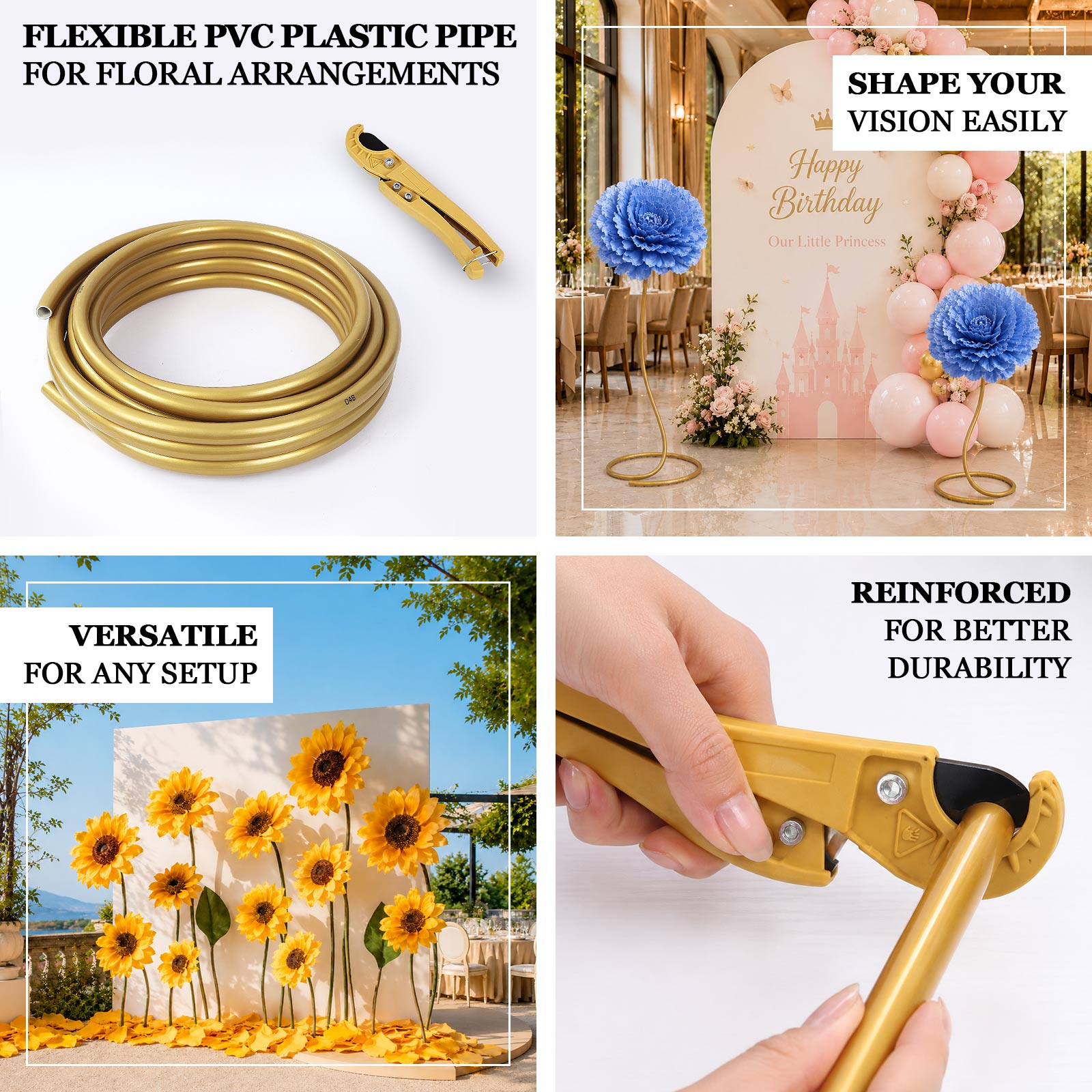 Reusable flexible PVC pipe for indoor and outdoor party décor, floral walls, and balloon installatio