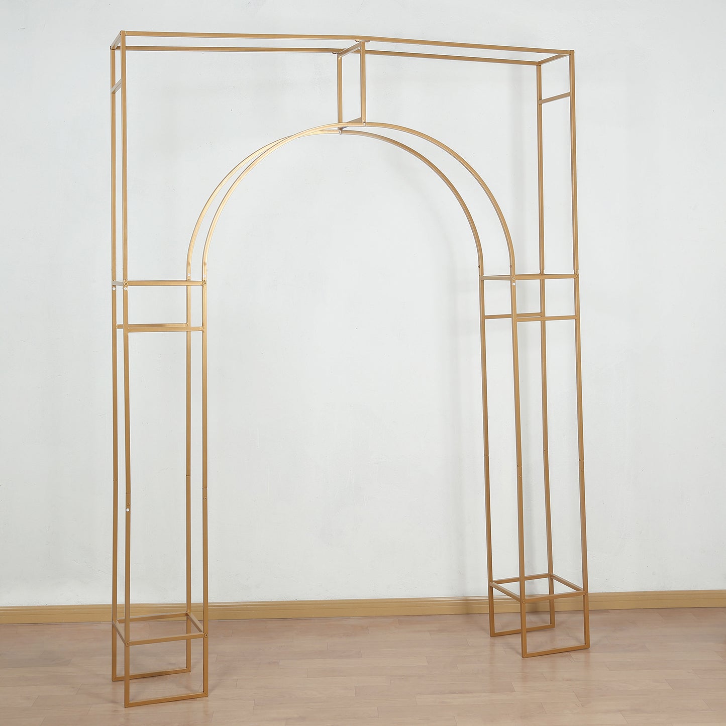 7ft Heavy Duty Gold Metal Rectangular Wedding Arch in Arc de Triomphe Style, 3D Floral Balloon Frame Backdrop Stand