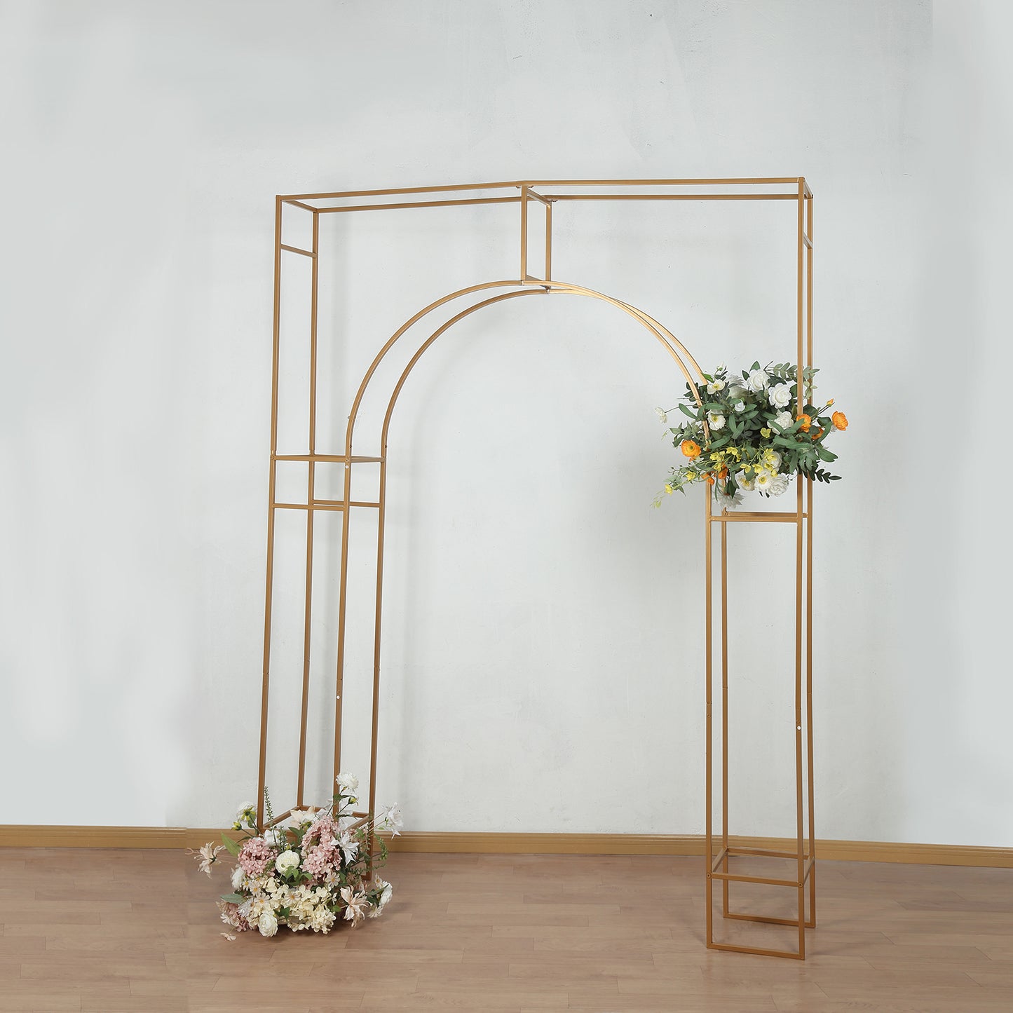 7ft Heavy Duty Gold Metal Rectangular Wedding Arch in Arc de Triomphe Style, 3D Floral Balloon Frame Backdrop Stand