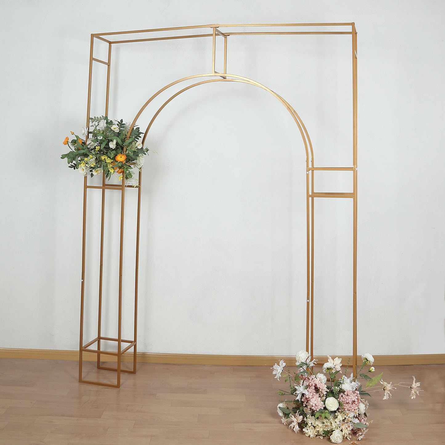 7ft Heavy Duty Gold Metal Rectangular Wedding Arch in Arc de Triomphe Style, 3D Floral Balloon Frame Backdrop Stand