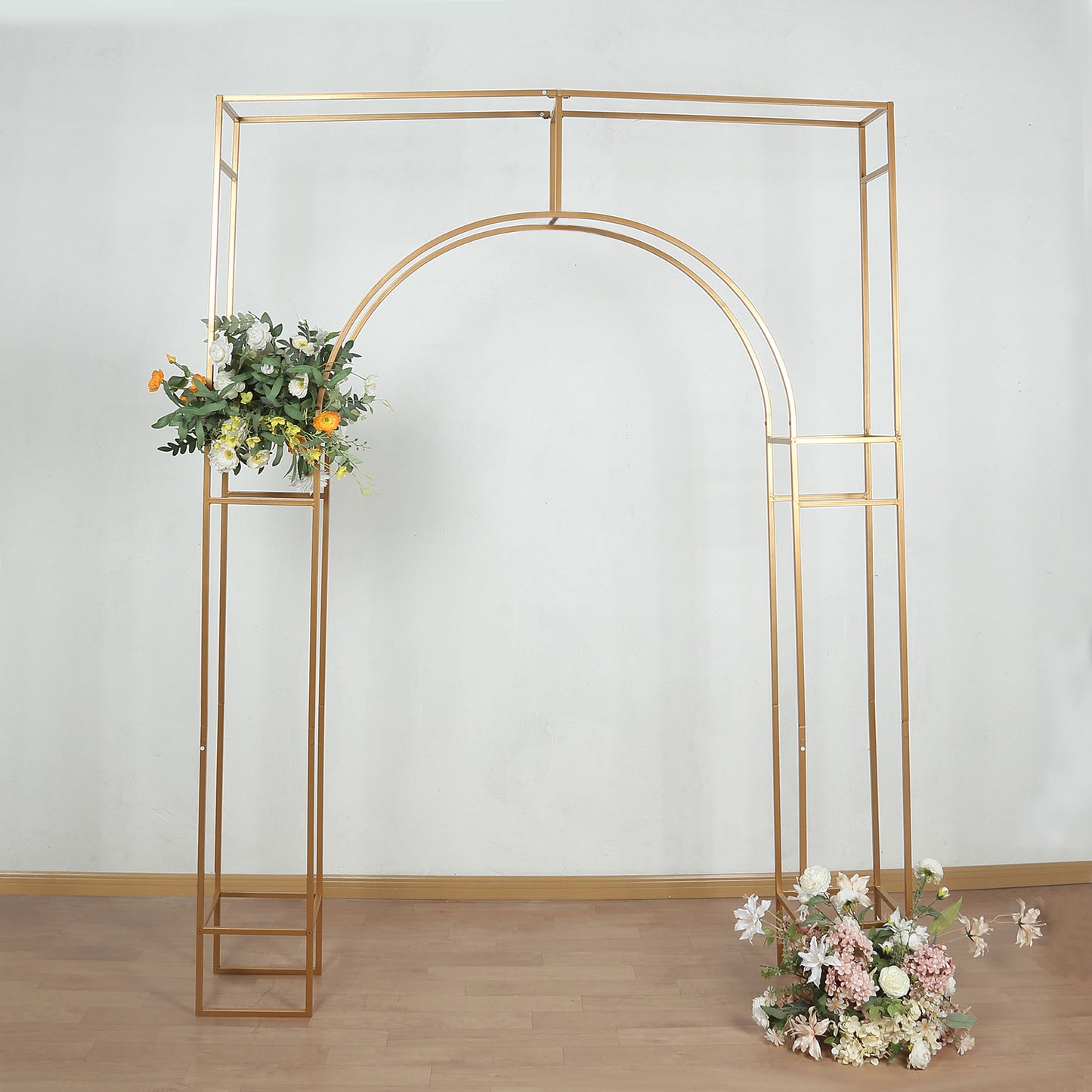 7ft Heavy Duty Gold Metal Rectangular Wedding Arch in Arc de Triomphe Style, 3D Floral Balloon Frame Backdrop Stand