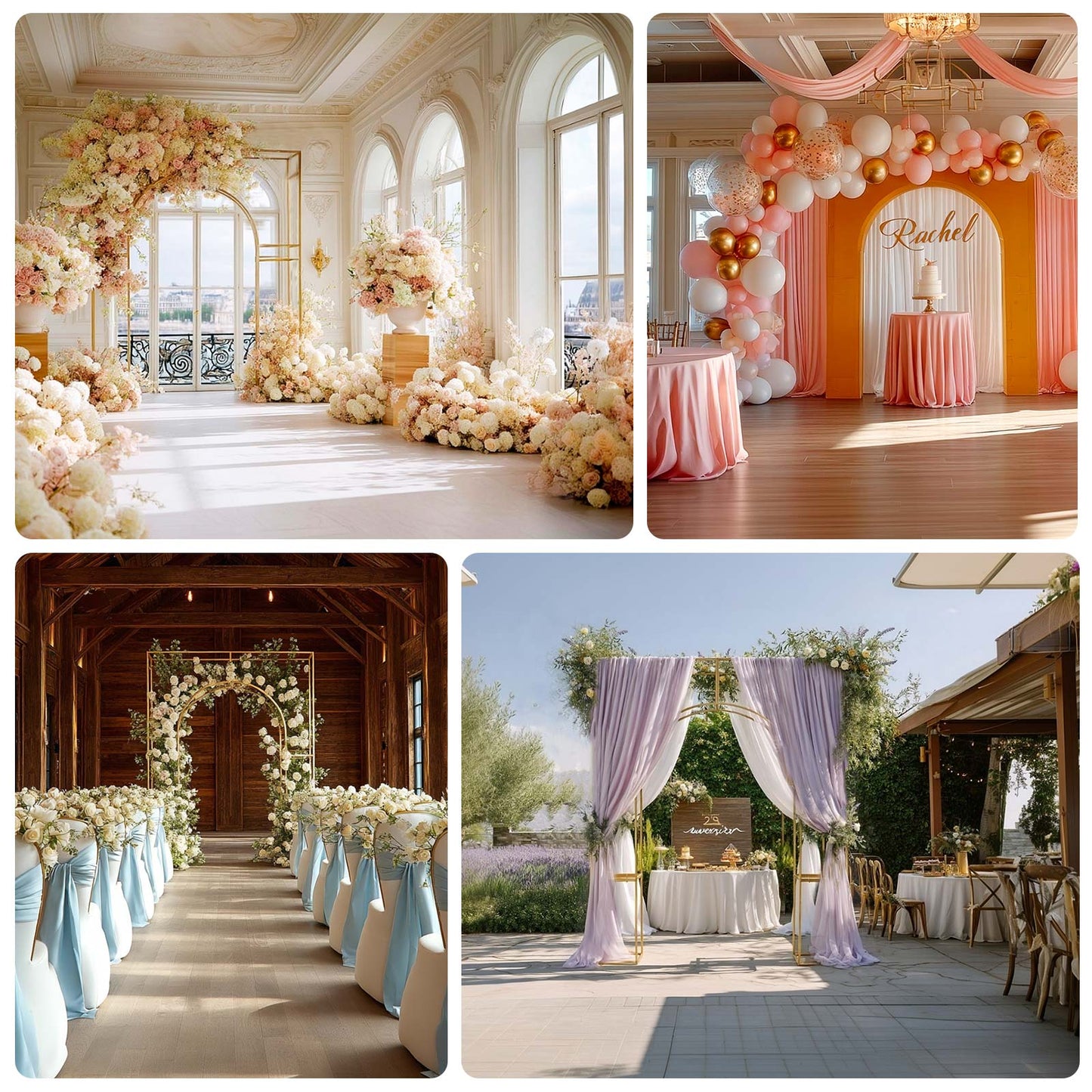 8ft Heavy Duty Gold Metal Rectangular Wedding Arch in Arc de Triomphe Style, 3D Floral Balloon Frame Backdrop Stand