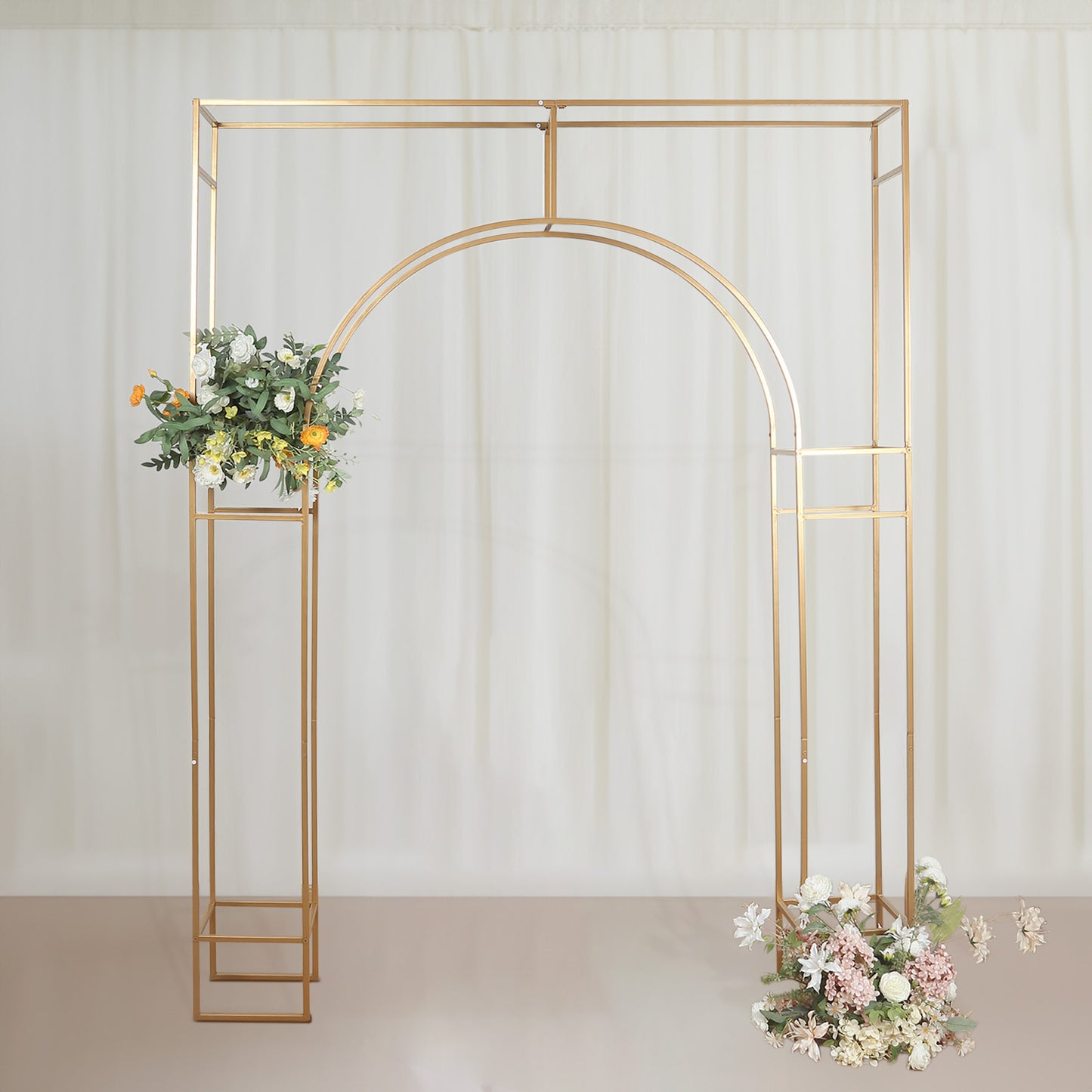 7ft Heavy Duty Gold Metal Rectangular Wedding Arch in Arc de Triomphe Style, 3D Floral Balloon Frame Backdrop Stand