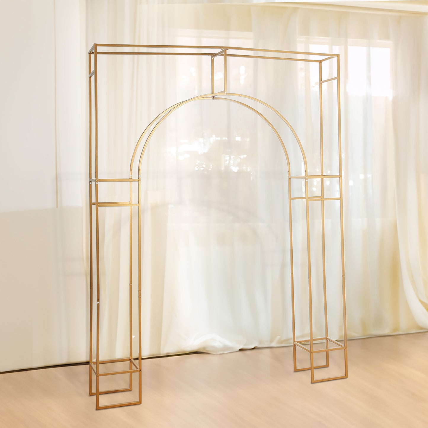 7ft Heavy Duty Gold Metal Rectangular Wedding Arch in Arc de Triomphe Style, 3D Floral Balloon Frame Backdrop Stand