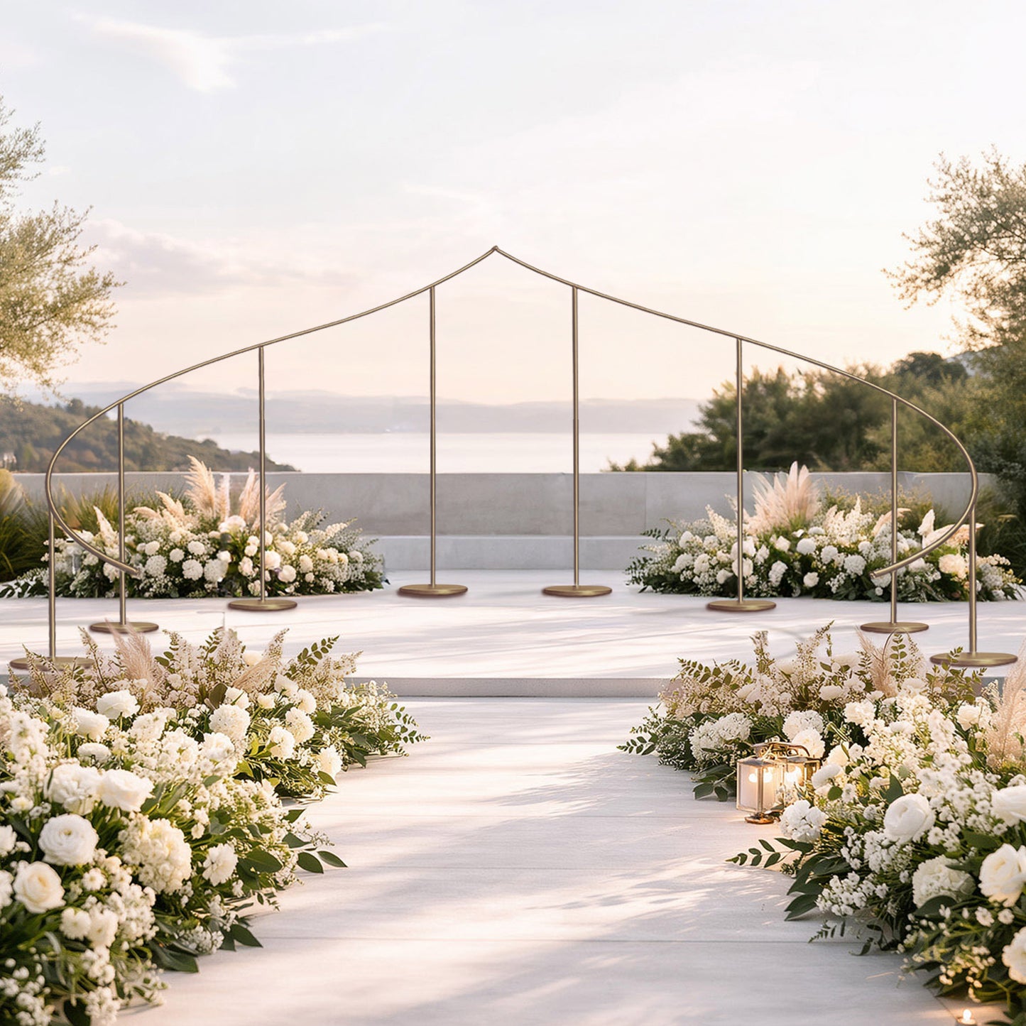 Gold curved wave wedding arch backdrop stand with floral decor.