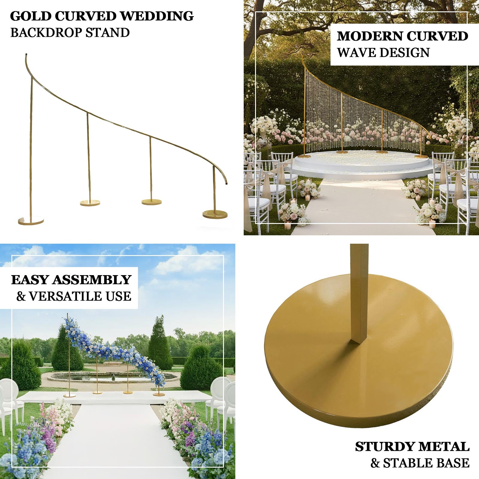 Gold curved wave wedding arch backdrop stand for elegant décor.