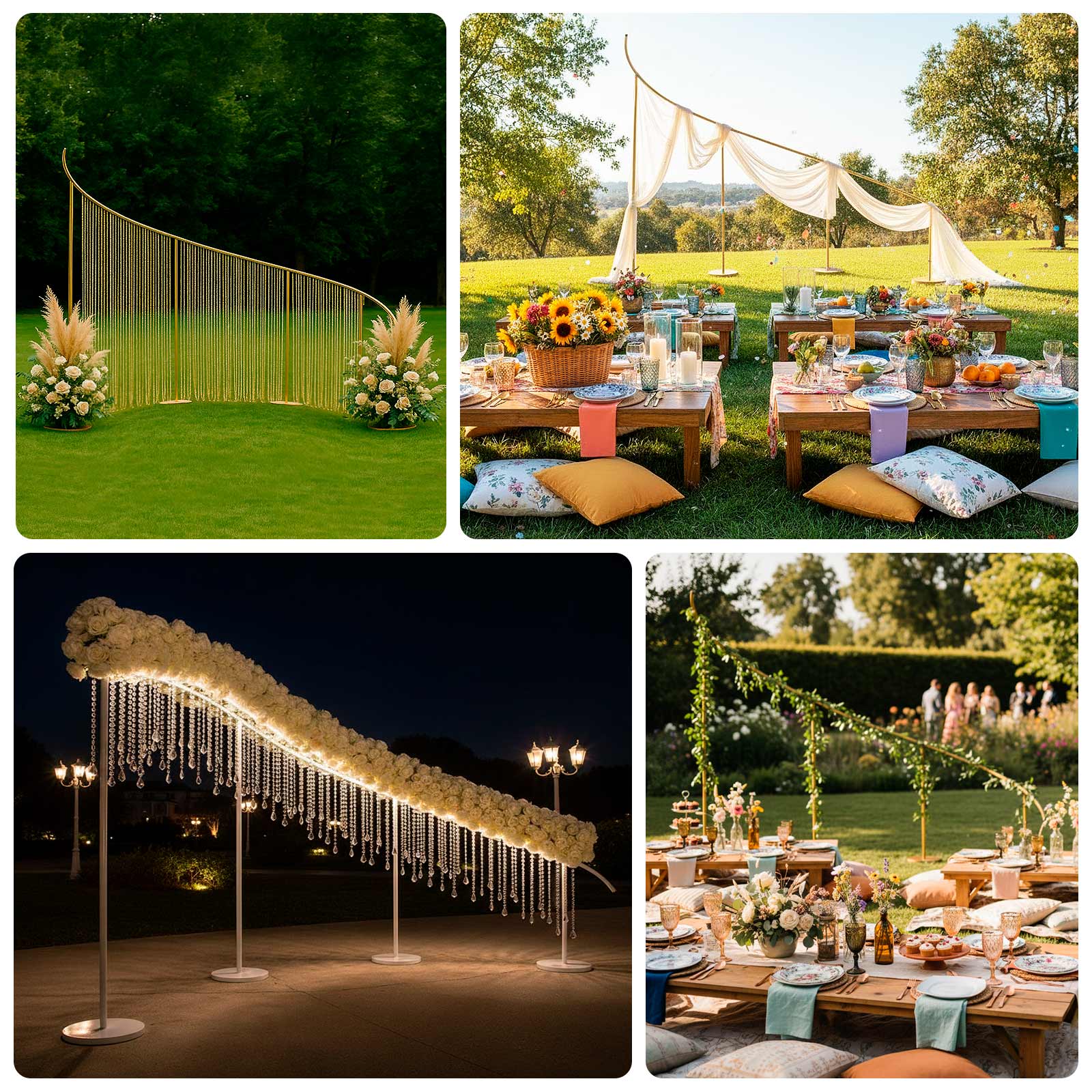 Gold curved wave wedding arch backdrop stand with floral décor.