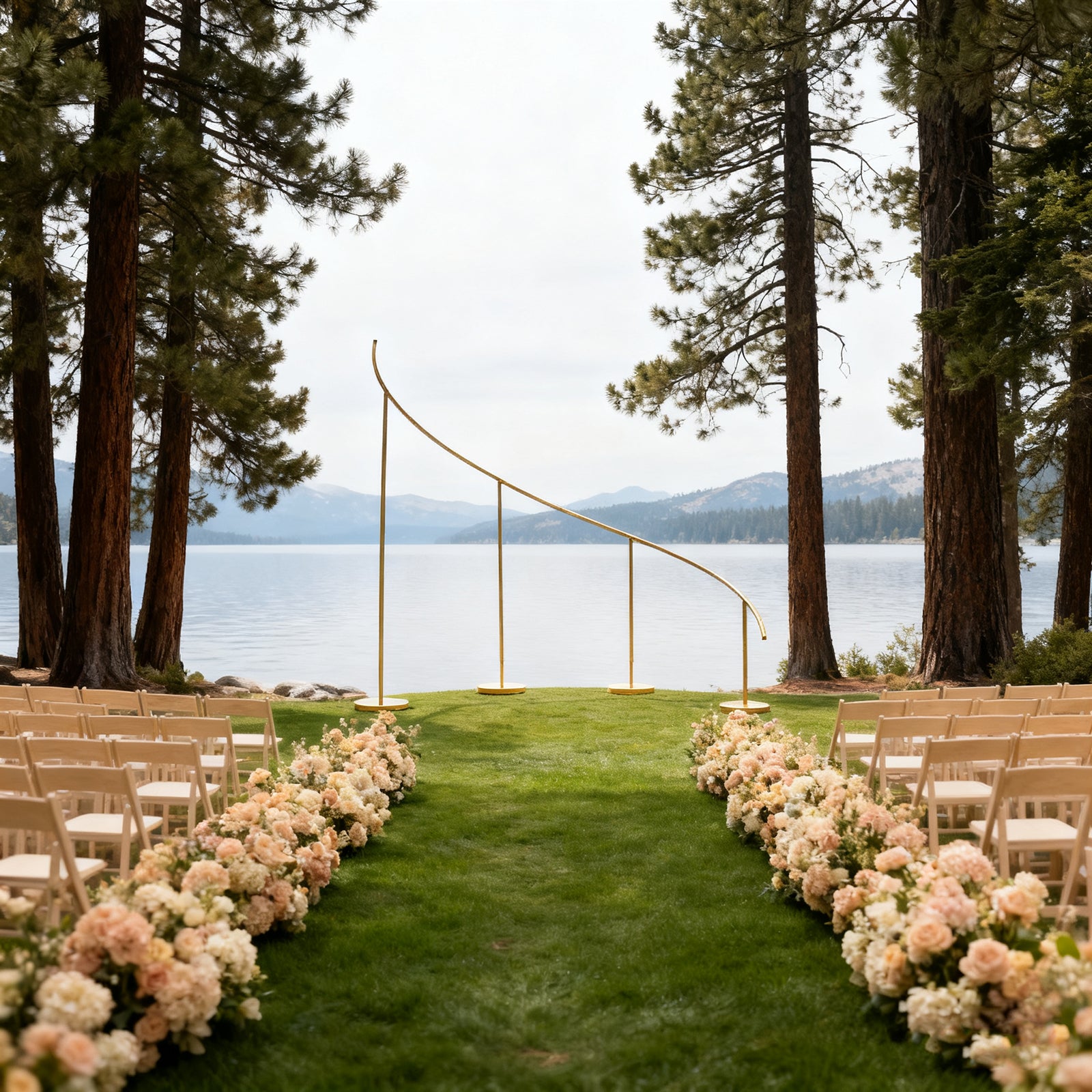 Gold curved wave wedding arch backdrop stand for outdoor wedding decor.