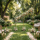 Gold curved wave wedding arch backdrop with floral decor in a garden setting.