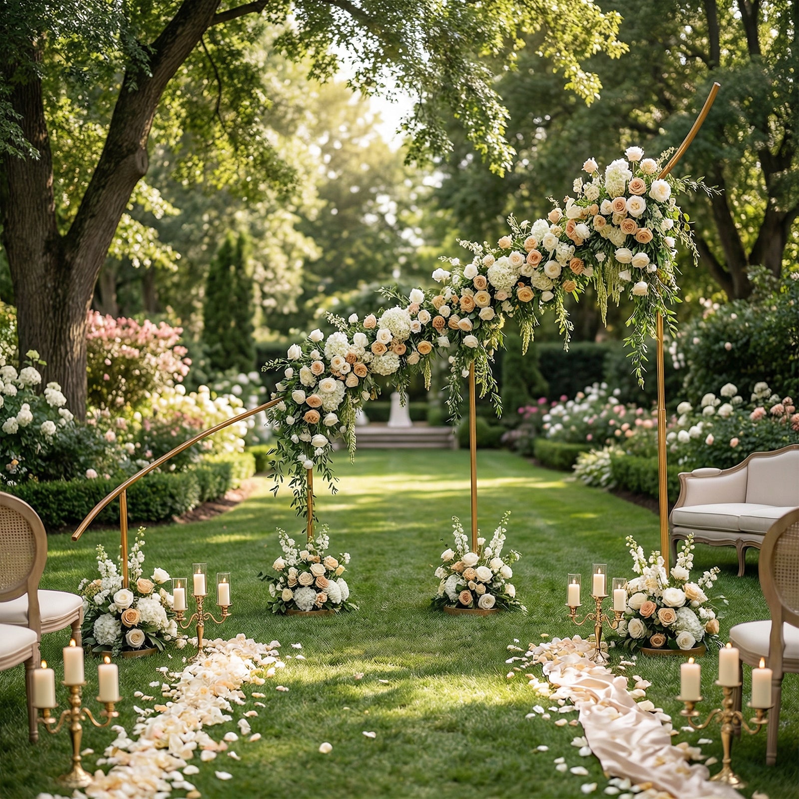 Gold curved wave wedding arch backdrop with floral decor in a garden setting.