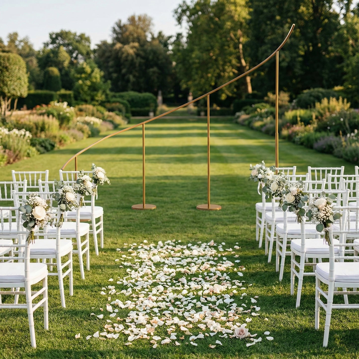 Gold curved wedding arch backdrop stand in a garden setting.